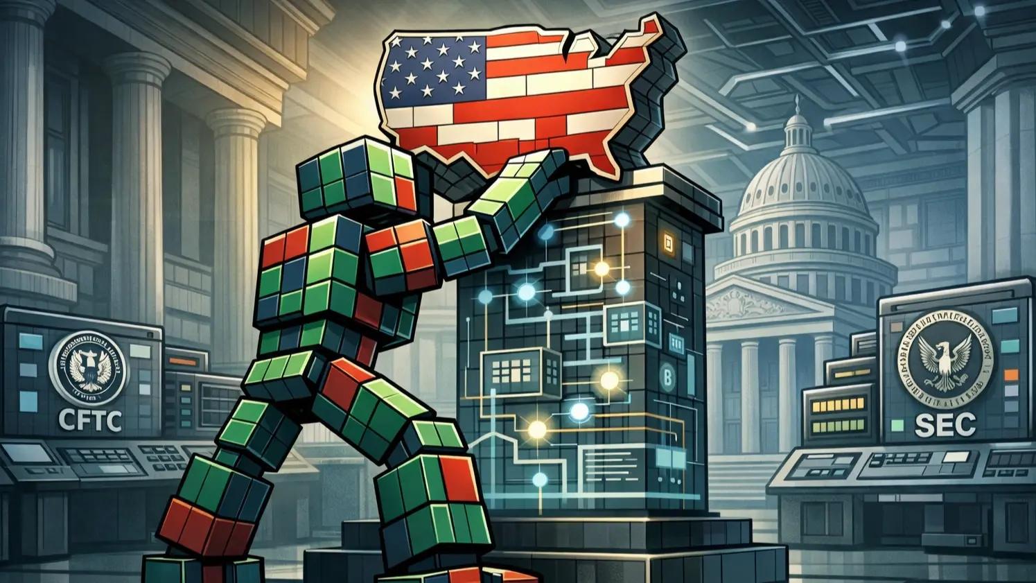 Robot raises U.S. regulatory emblem symbolizing America crypto capital policy shift.
