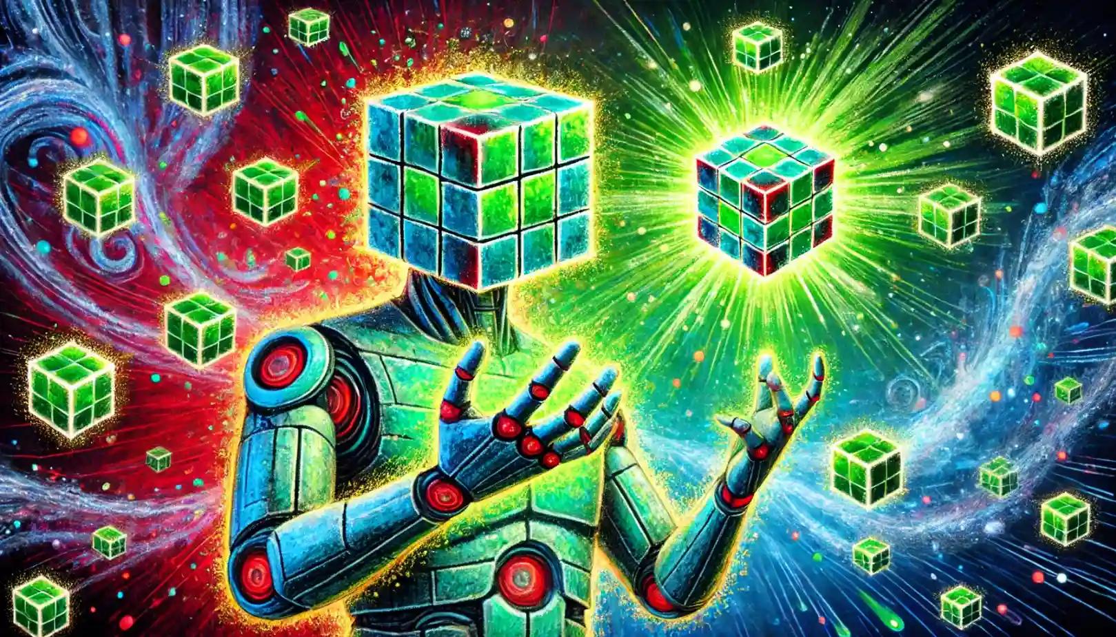 Robot reaches out to rotating cube of blockchain fragments