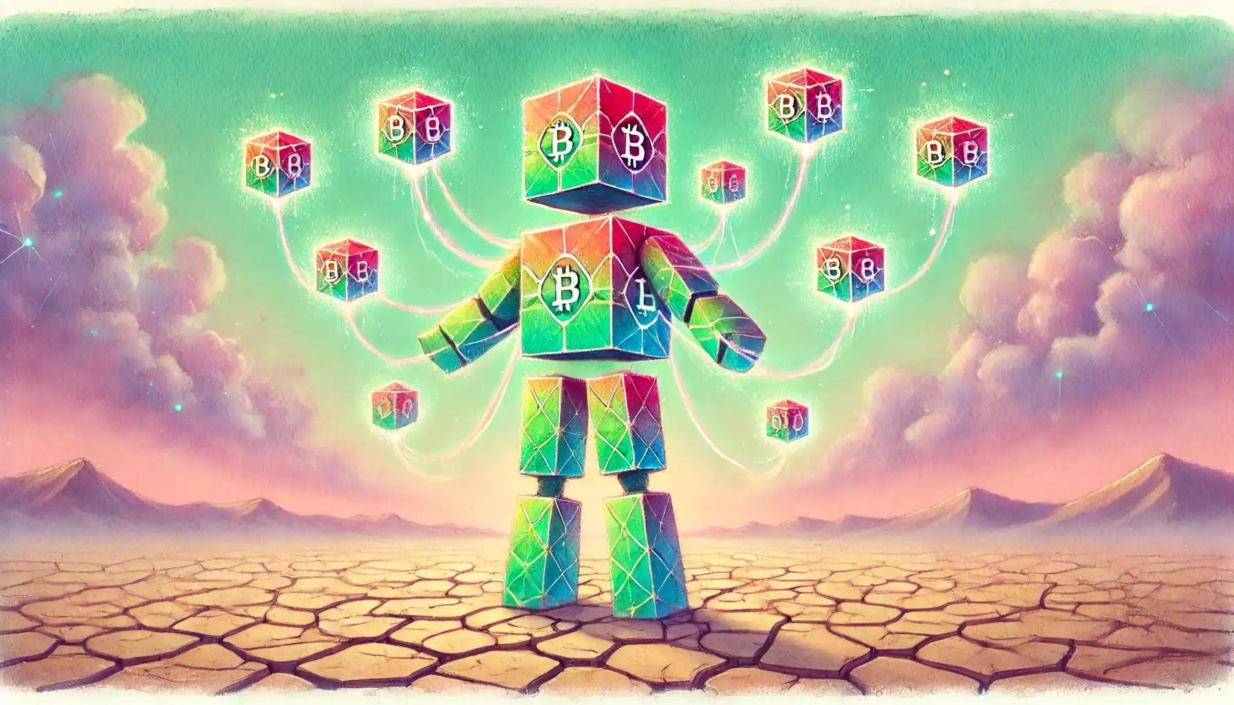 Robot releases stablecoin lights across pastel bridges, symbolizing crypto price index