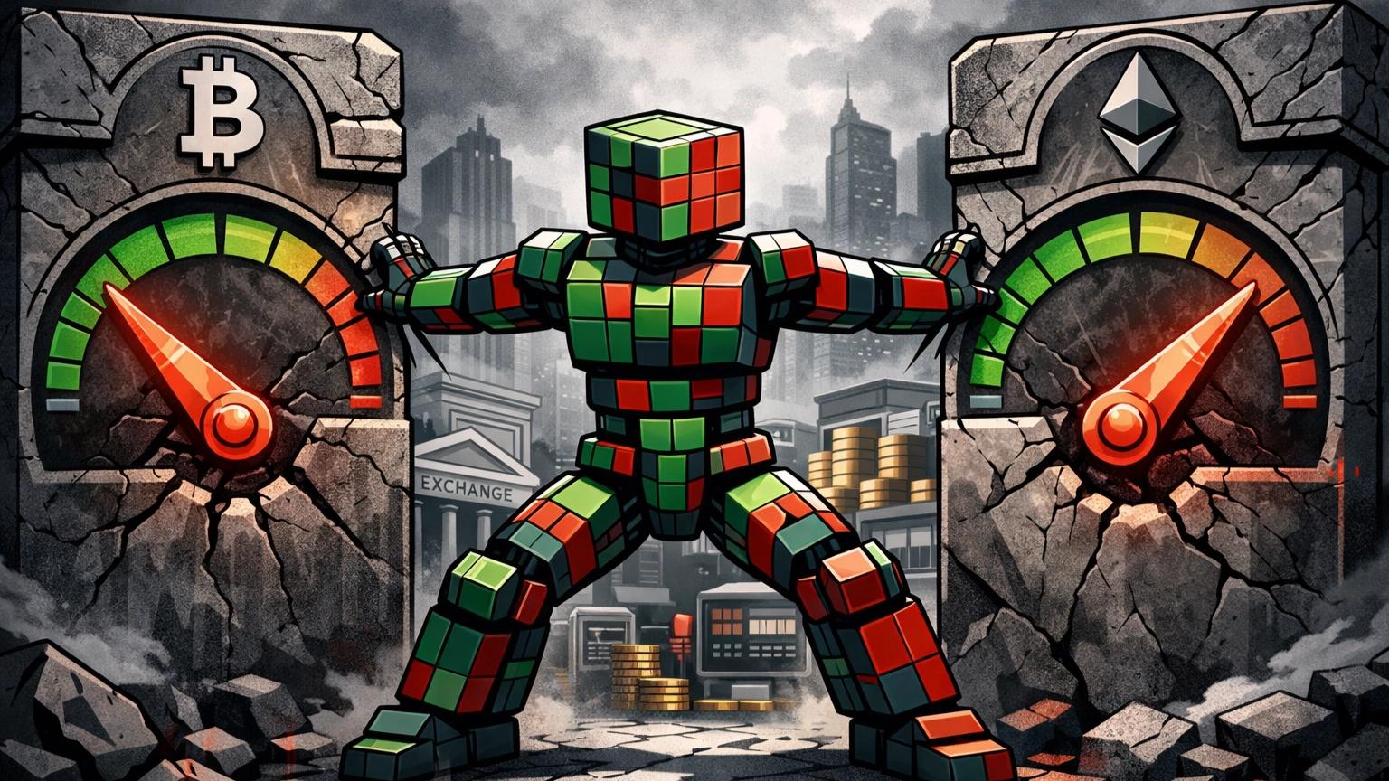 Robot resists falling crypto price index amid institutional treasury stress