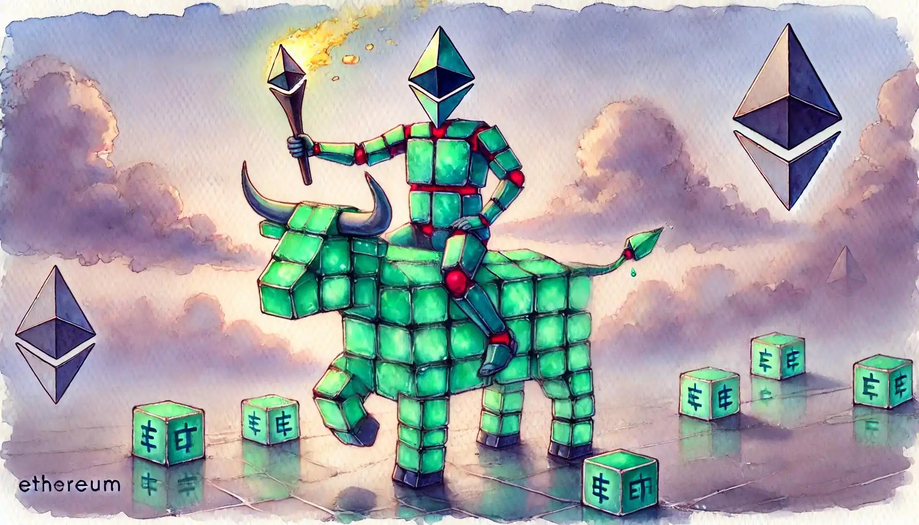 Robot rides Ethereum bull glowing with ETF inflow light