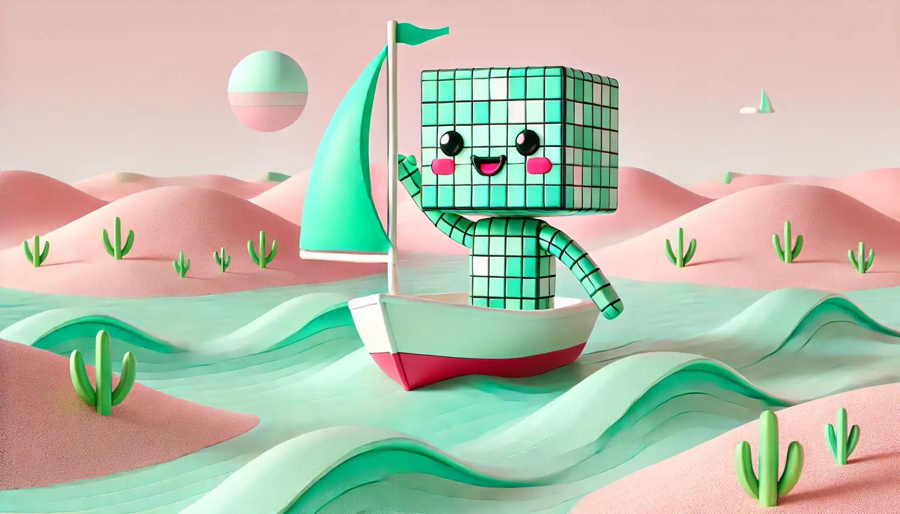 Robot sails pastel waves on minimalist boat