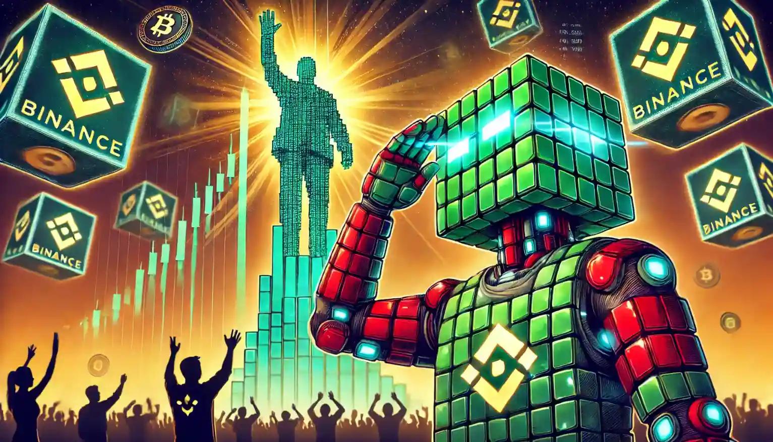 Robot salutes CZ monument as crypto price index surges upward