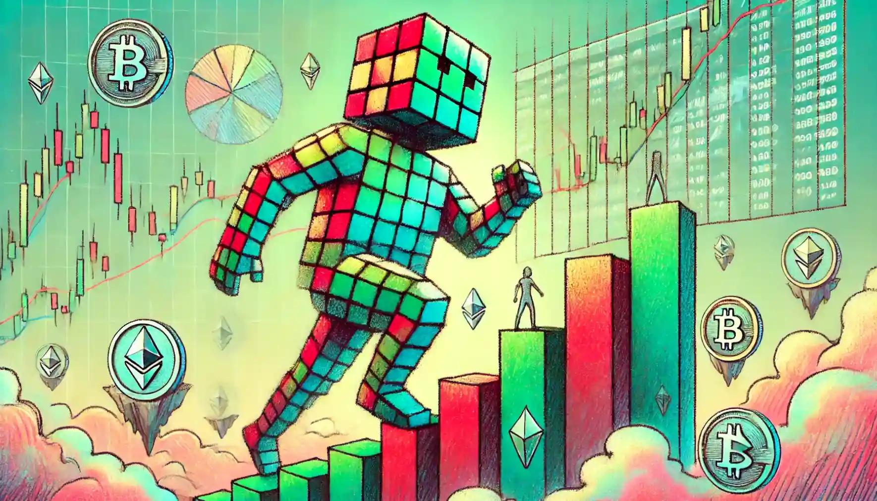 Robot scaling token staircase, vibrant background reflecting Bitcoin rally