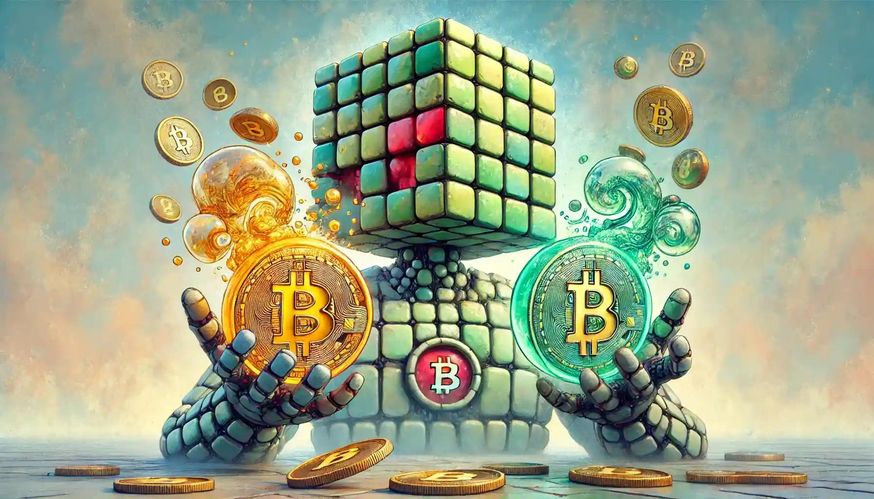 Robot separating Bitcoin orbs, swirling assets inside, surrealist mist