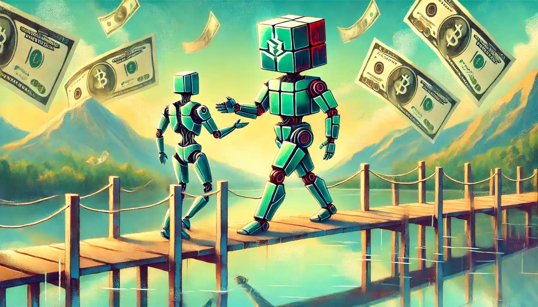 Robot shaking hands on a bridge made of fiat notes