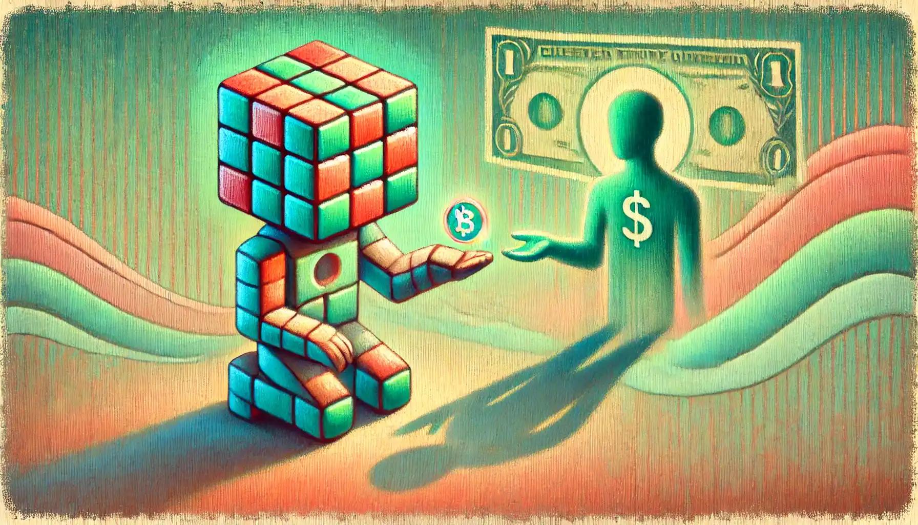 Robot shares Treasury token, pastel background of floating bills