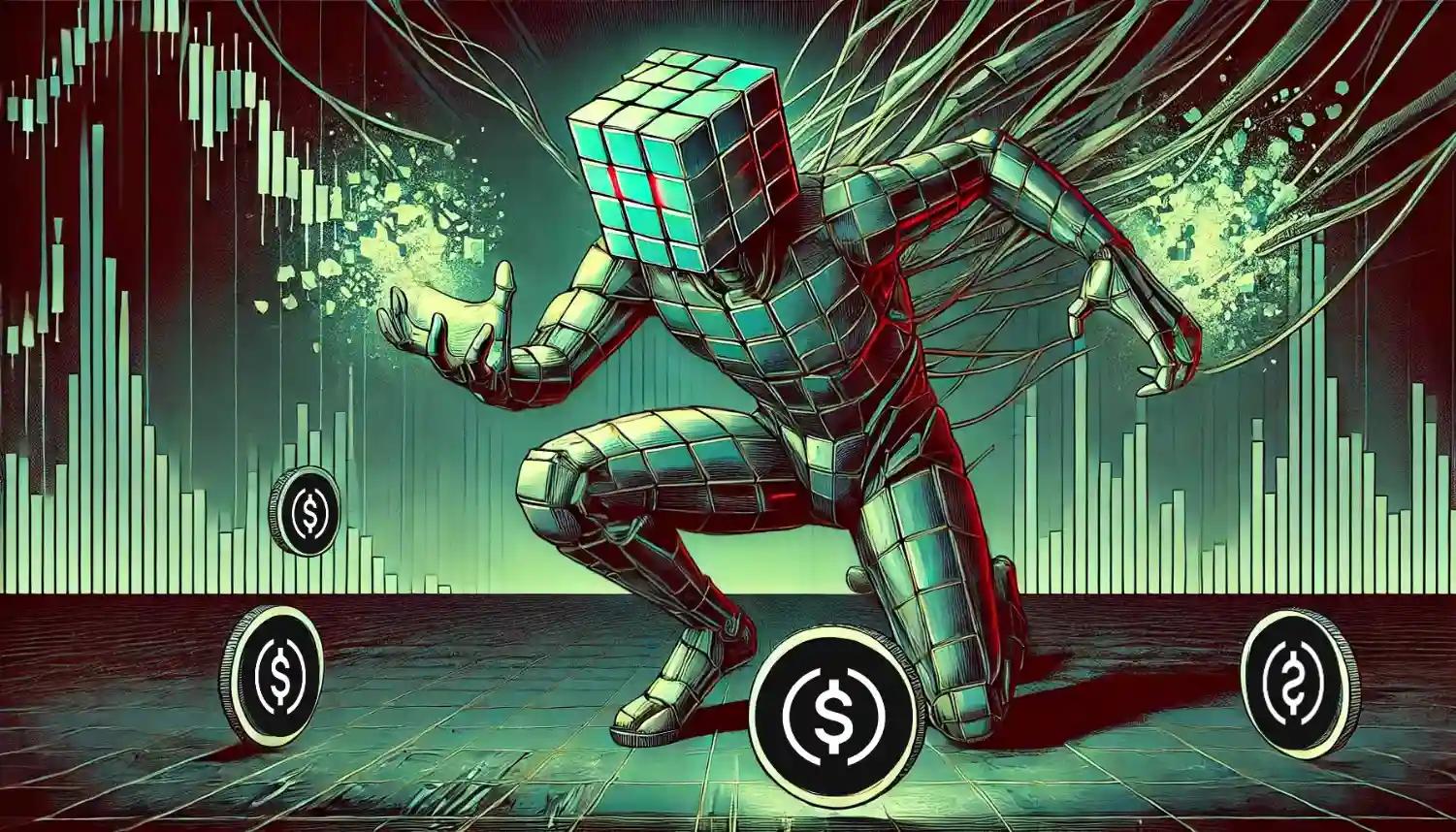 Robot shields DeFi tokens from hacking breach, glowing USDC coins fade