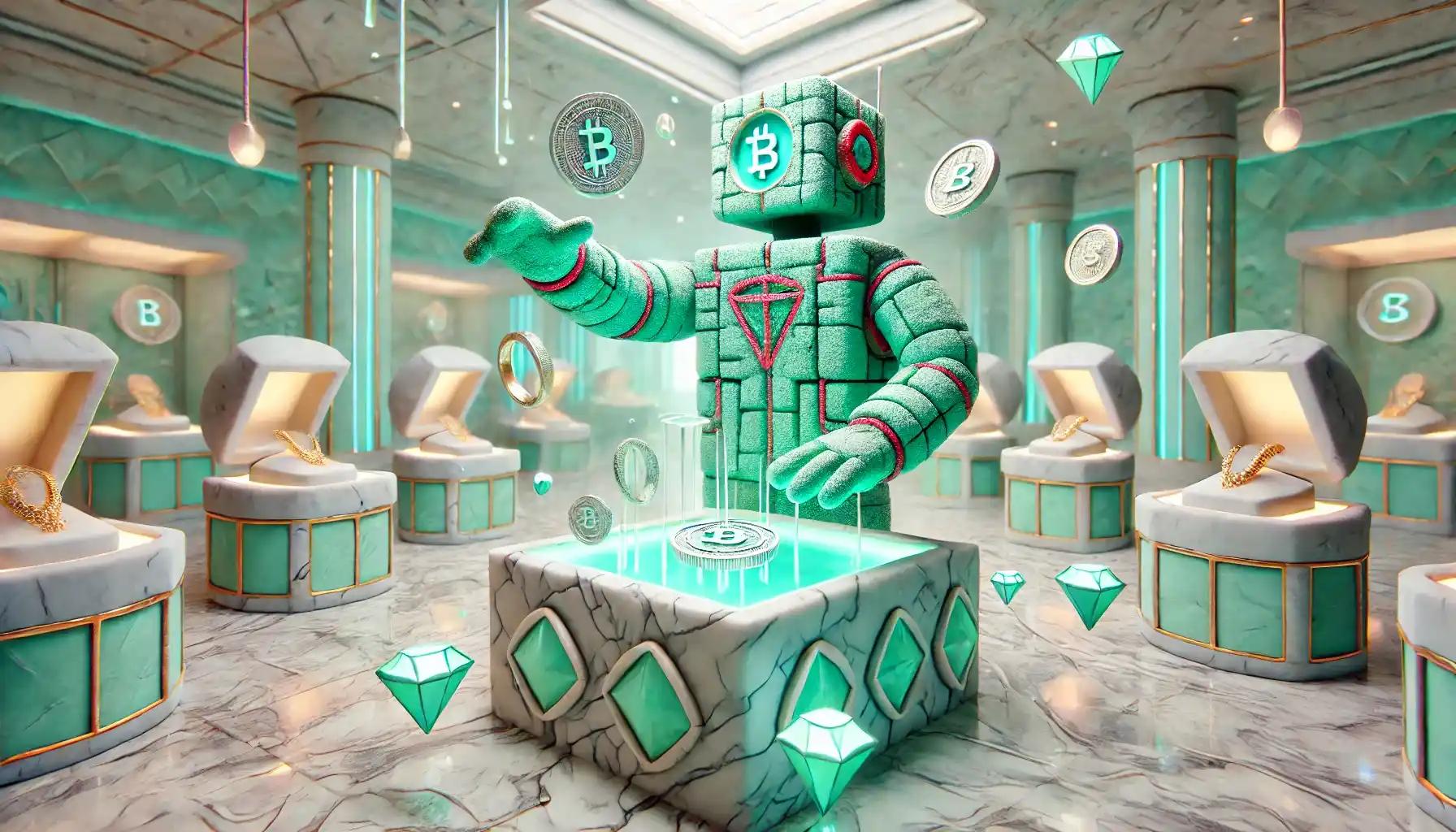 Robot showcases luxury crypto jewelry in digital pastel showroom