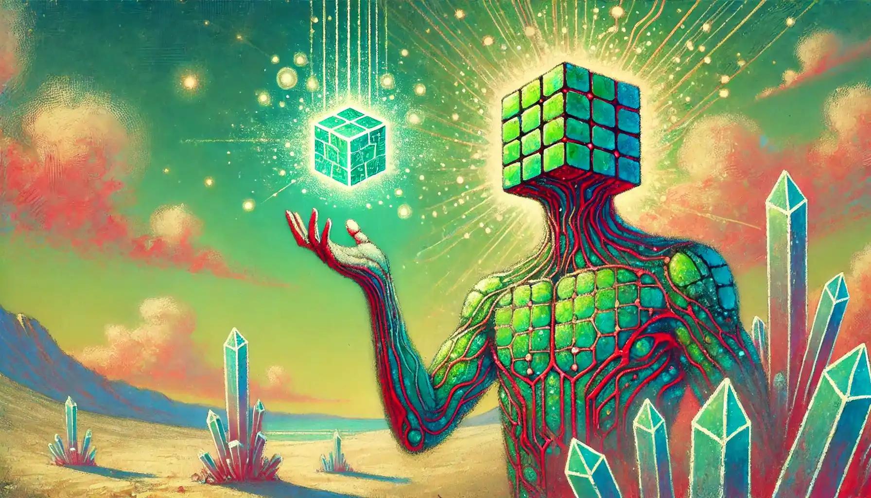 Robot showcasing a glowing quantum chip in a serene desert