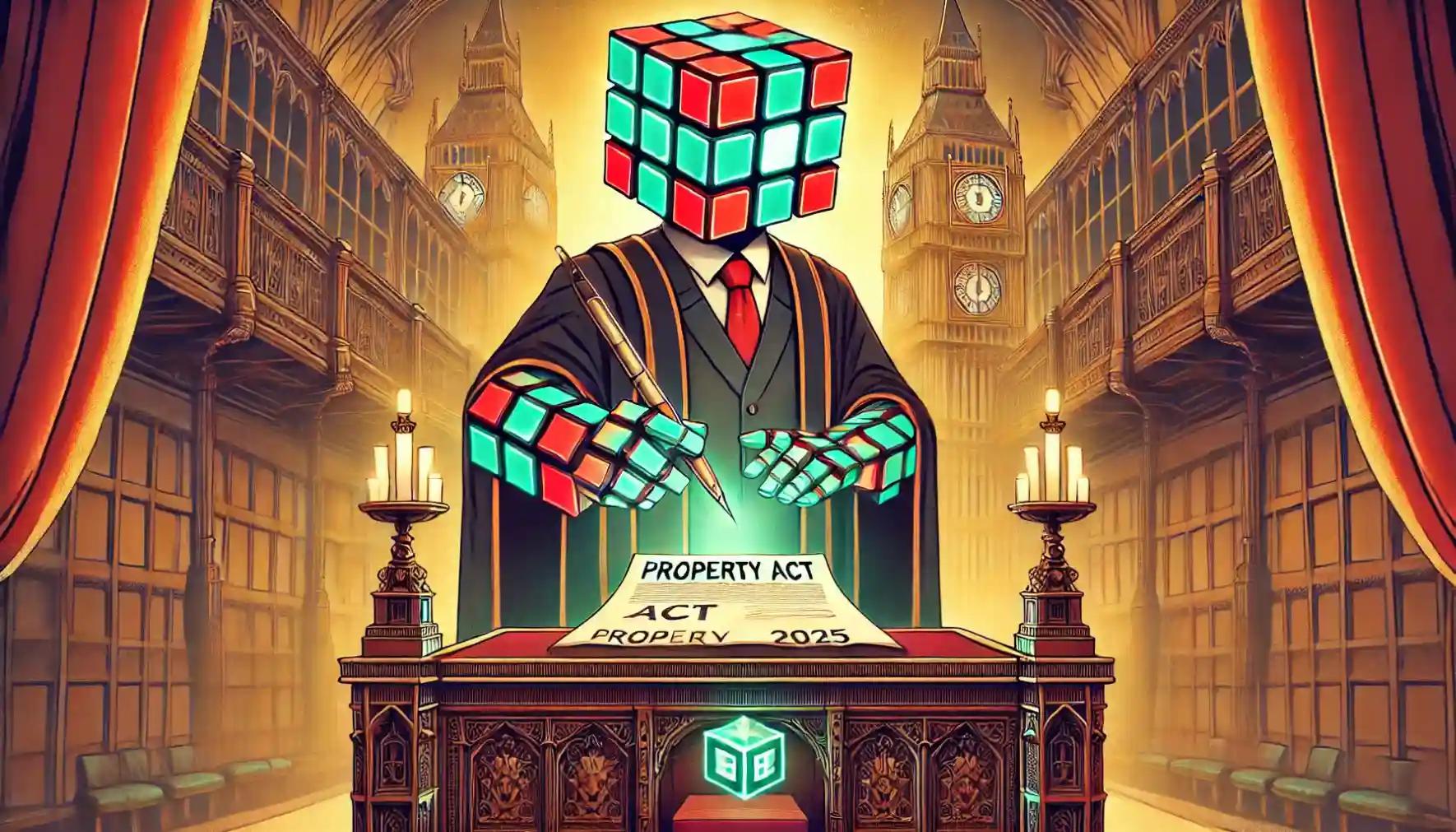 Robot signing the UK Digital Assets Act transforming crypto into legal property