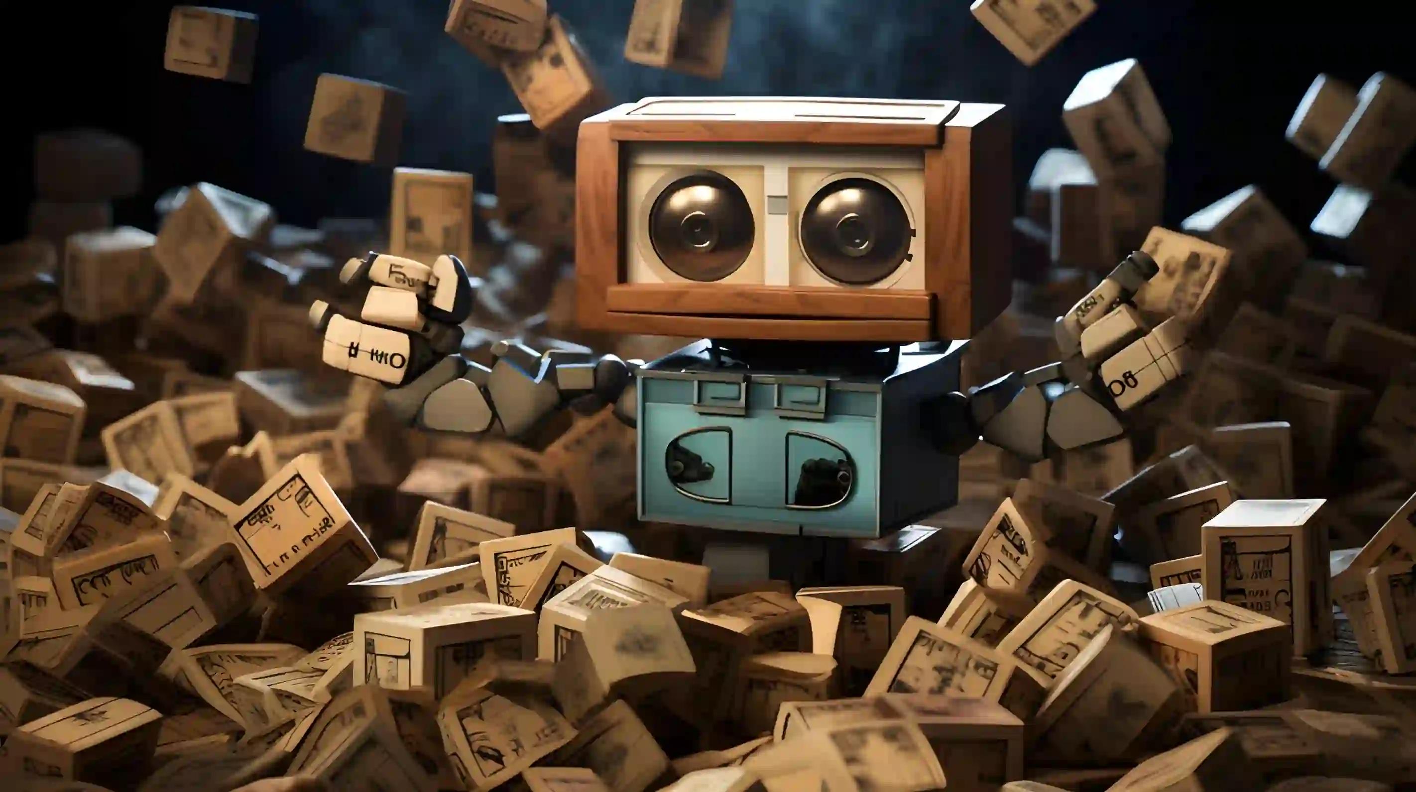 Robot sorting crypto words on wooden blocks