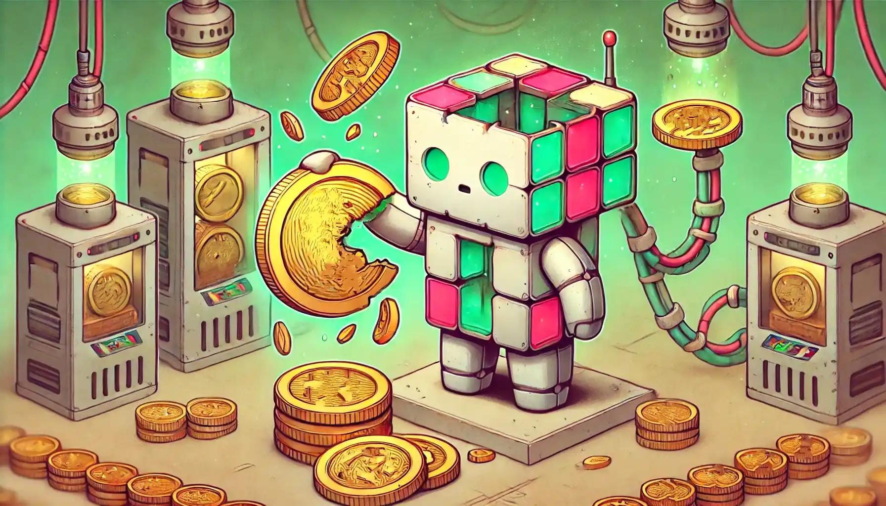 Robot splits coin for fractional ownership in a futuristic factory