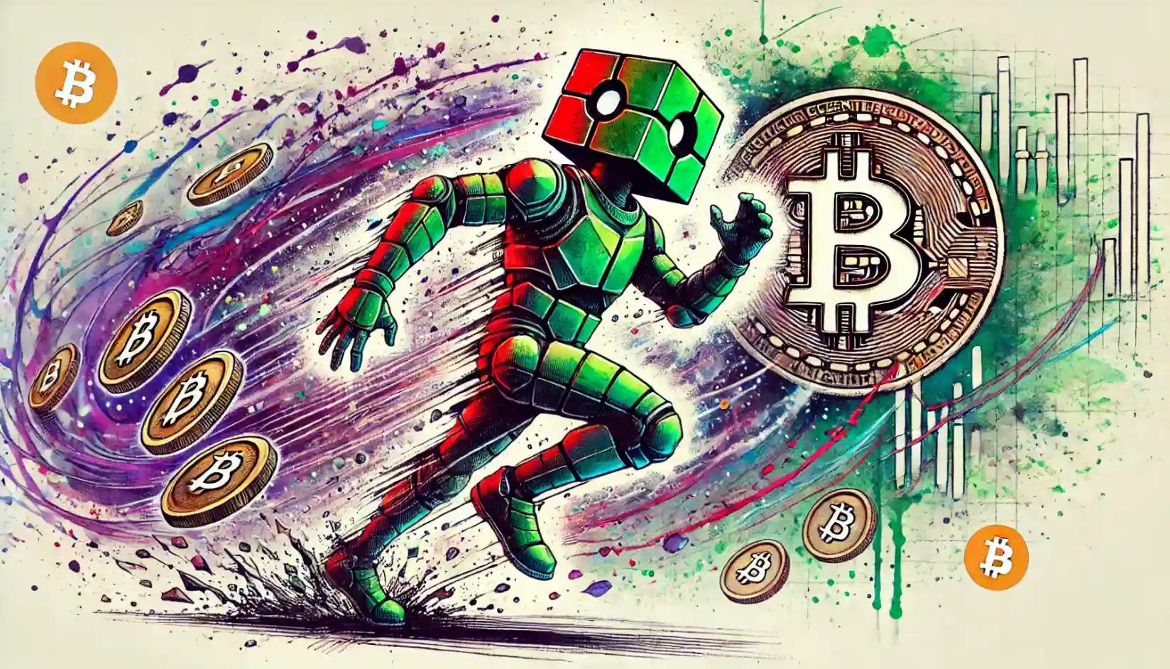 Robot sprints through swirling Bitcoin vortex with market data