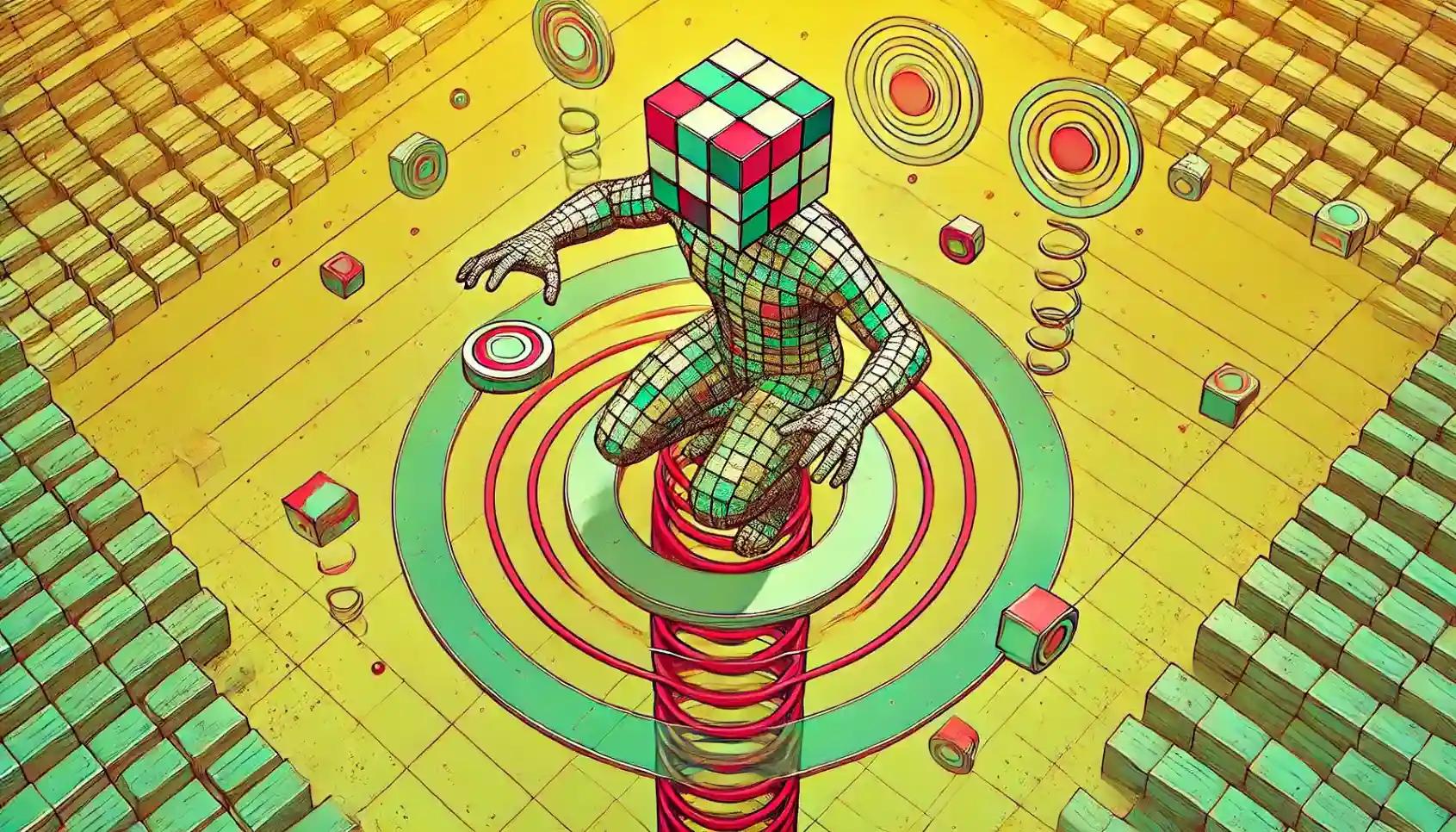 Robot stacking tokens on spring platform in yellow field