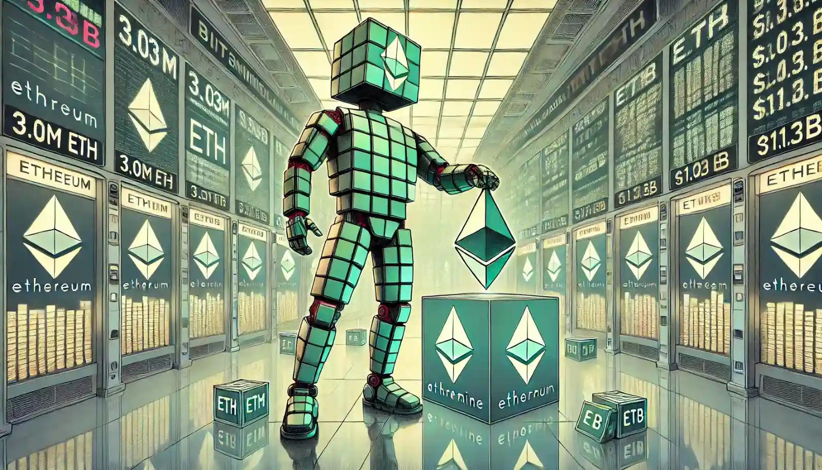 Robot stacks glowing Ethereum cubes inside a digital vault amid crypto price index screens