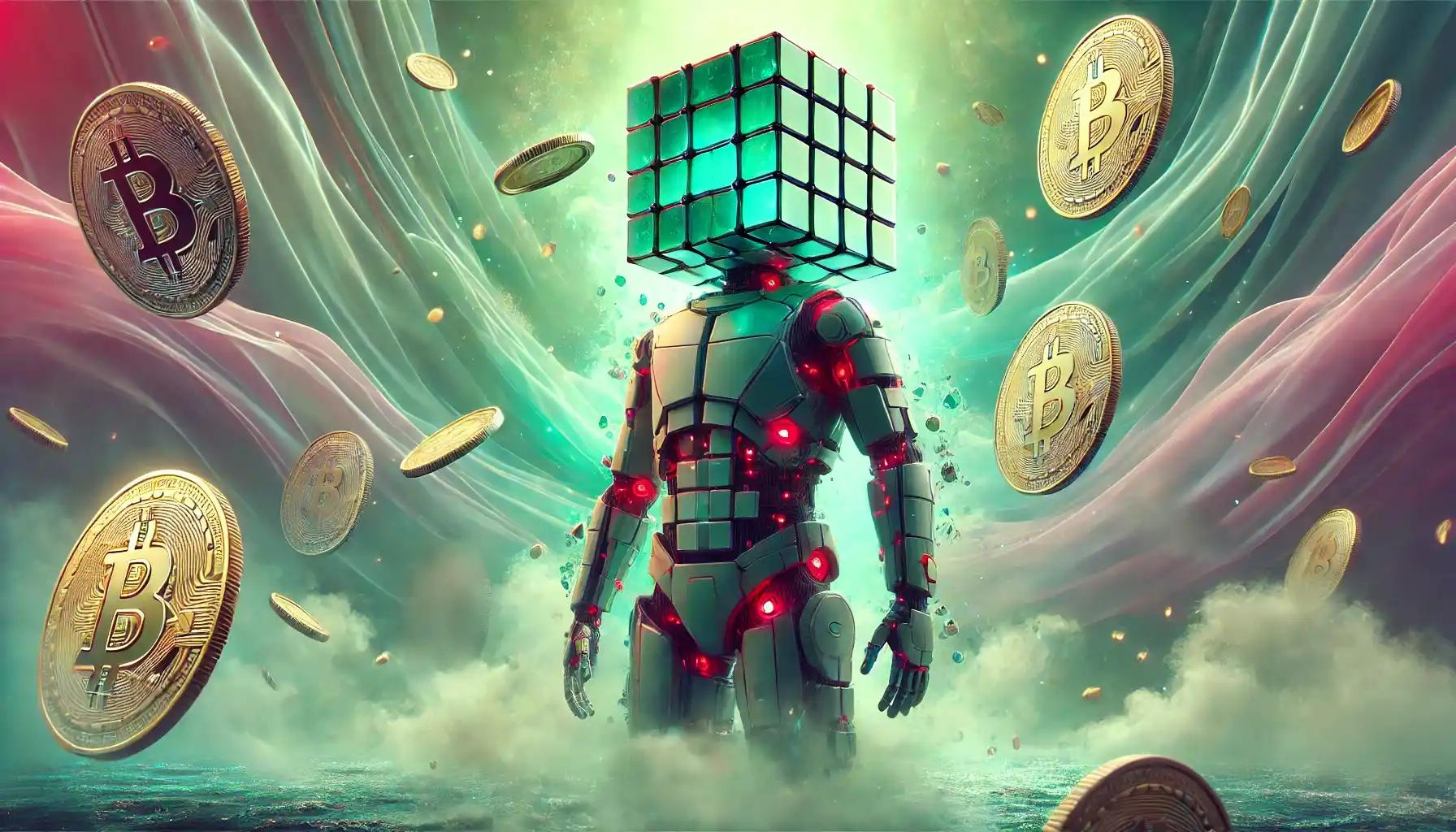 Robot stands firm in a misty battlefield of digital coins