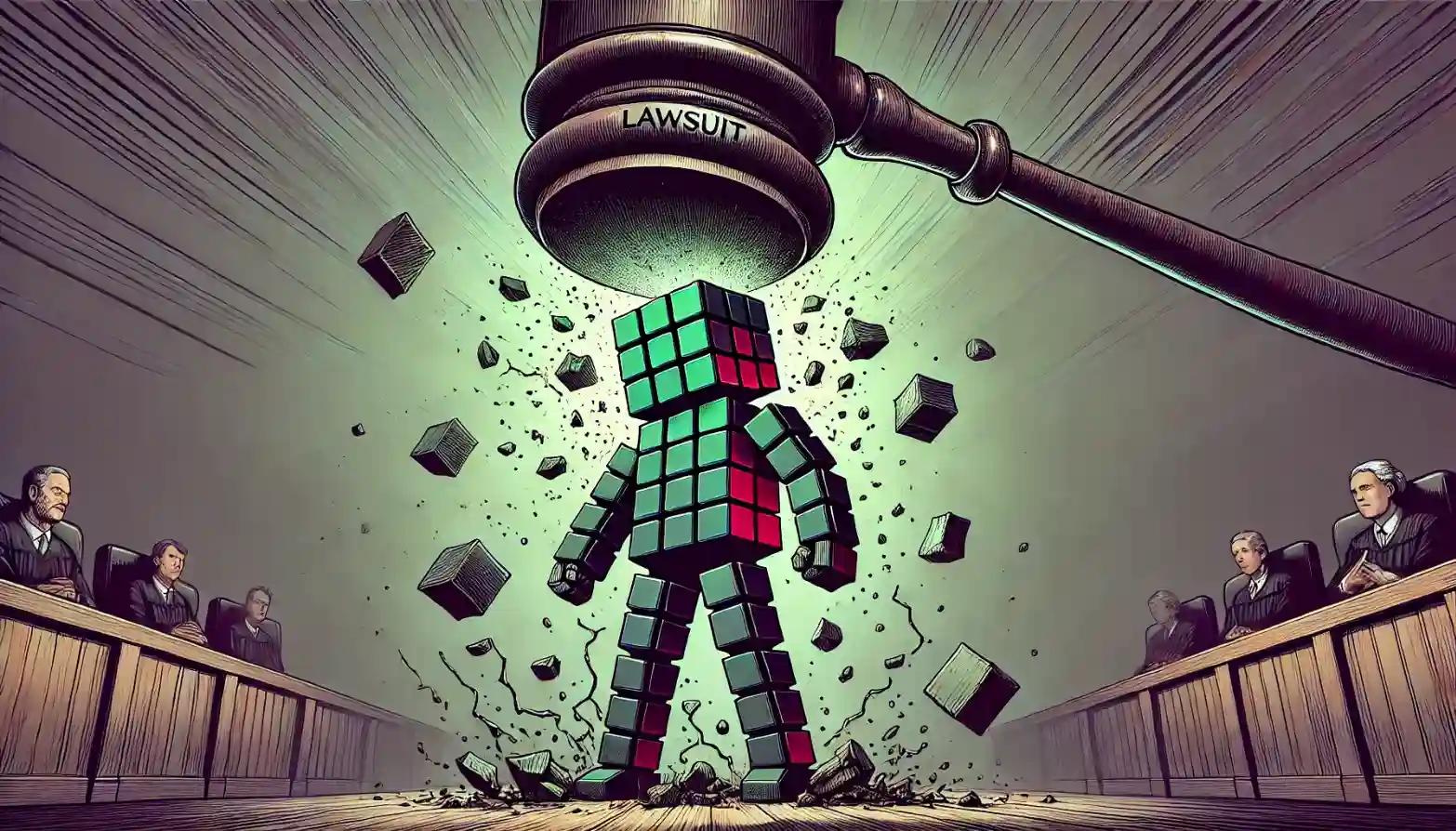 Robot stands under a crashing gavel, symbolizing the heavy lawsuit allegations