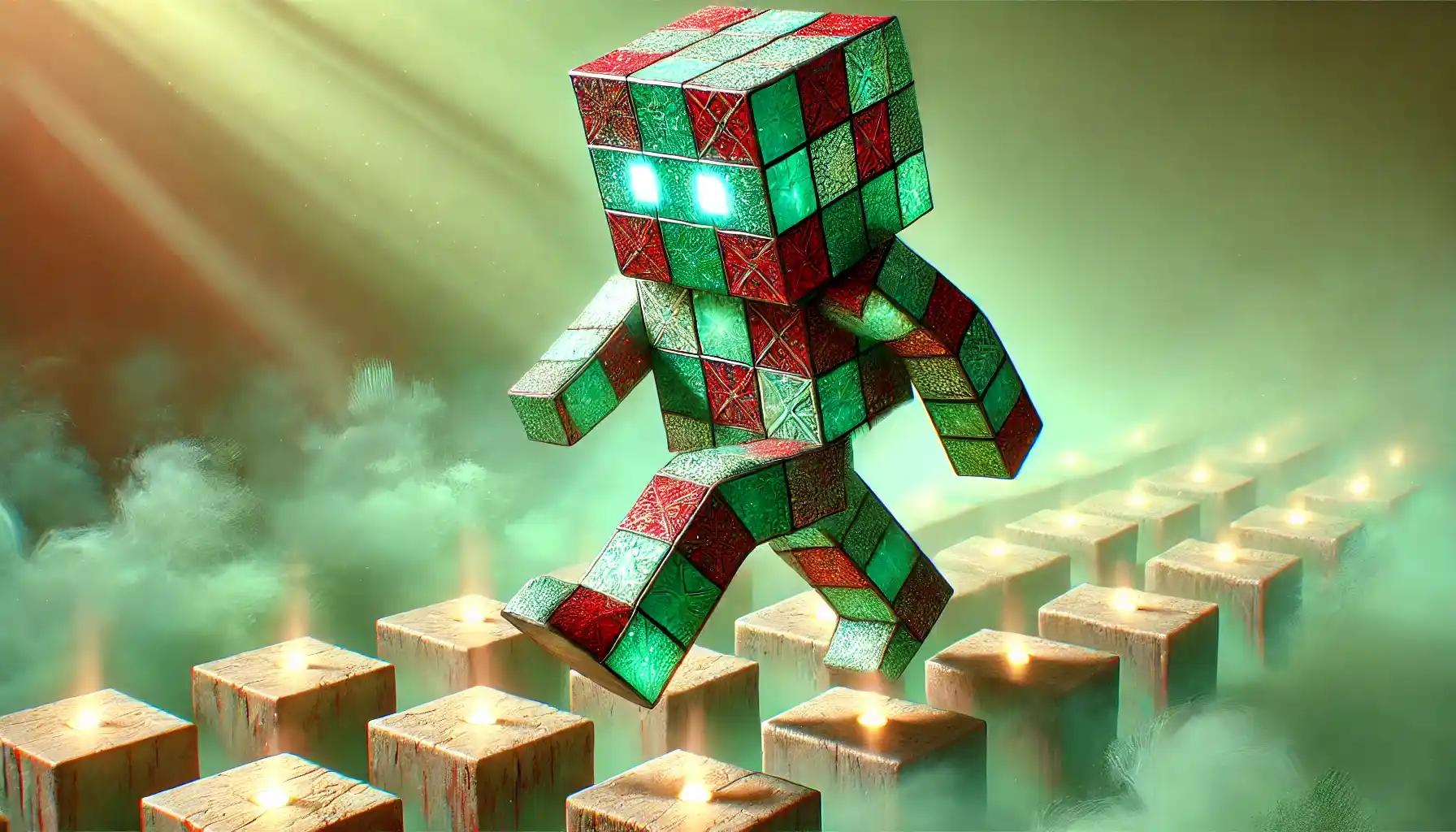 Robot stepping across glowing stones in pastel mint mist.webp