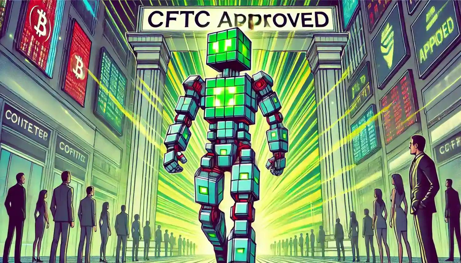Robot steps through CFTC approved archway, leading the prediction market