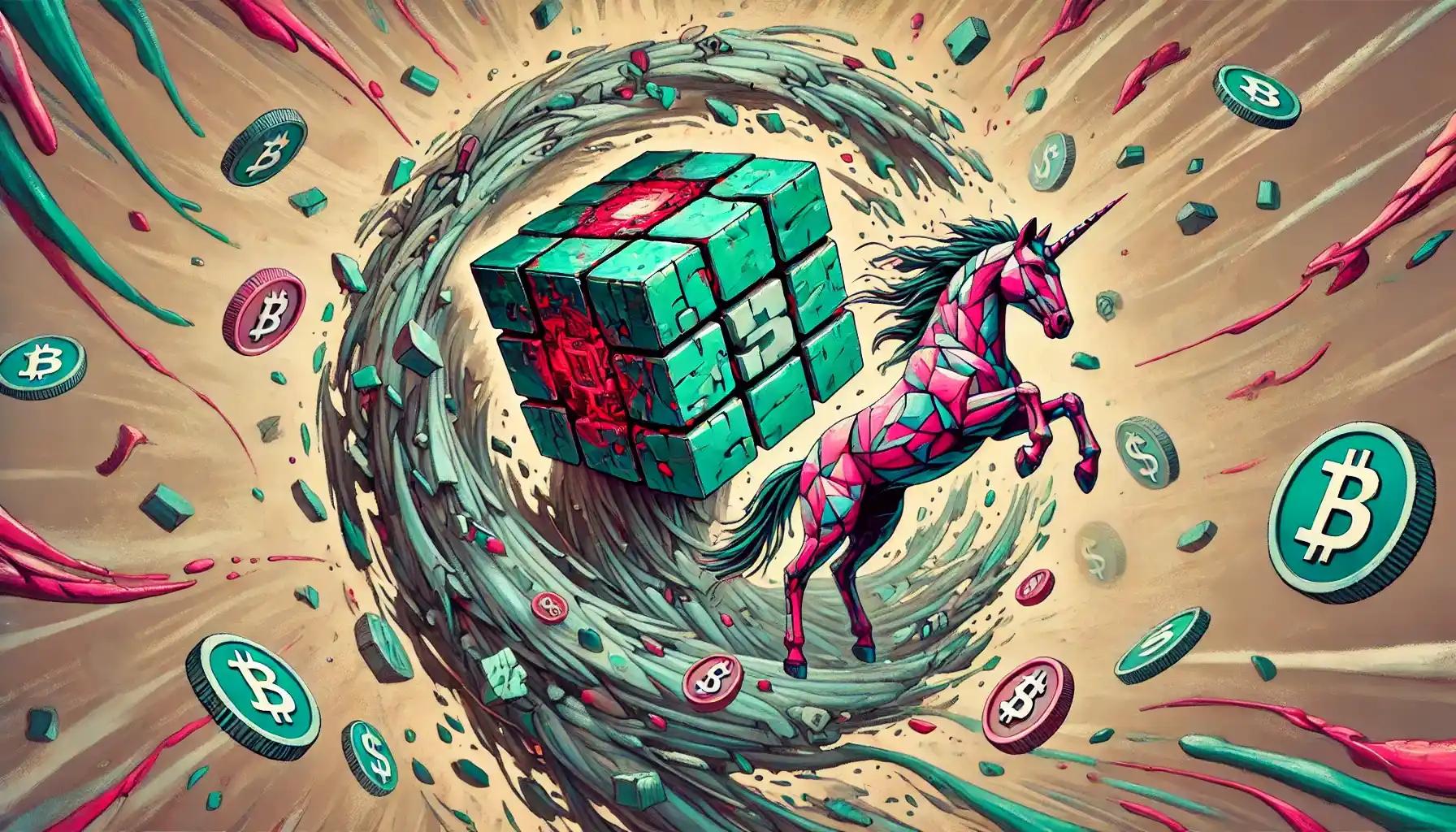 Robot struggles amid swirling UNI tokens, neon pink unicorn