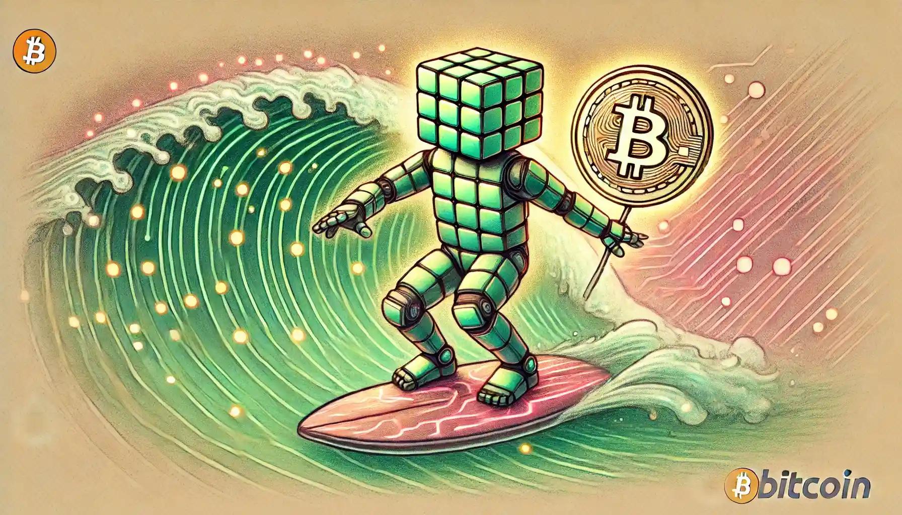 Robot surfing digital wave with glowing Bitcoin; $100K celebration