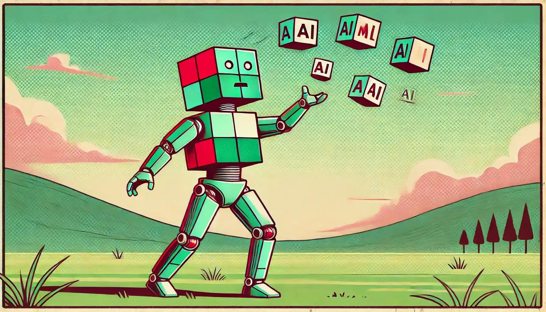 Robot throws AI meme coins mid-air on pastel landscape