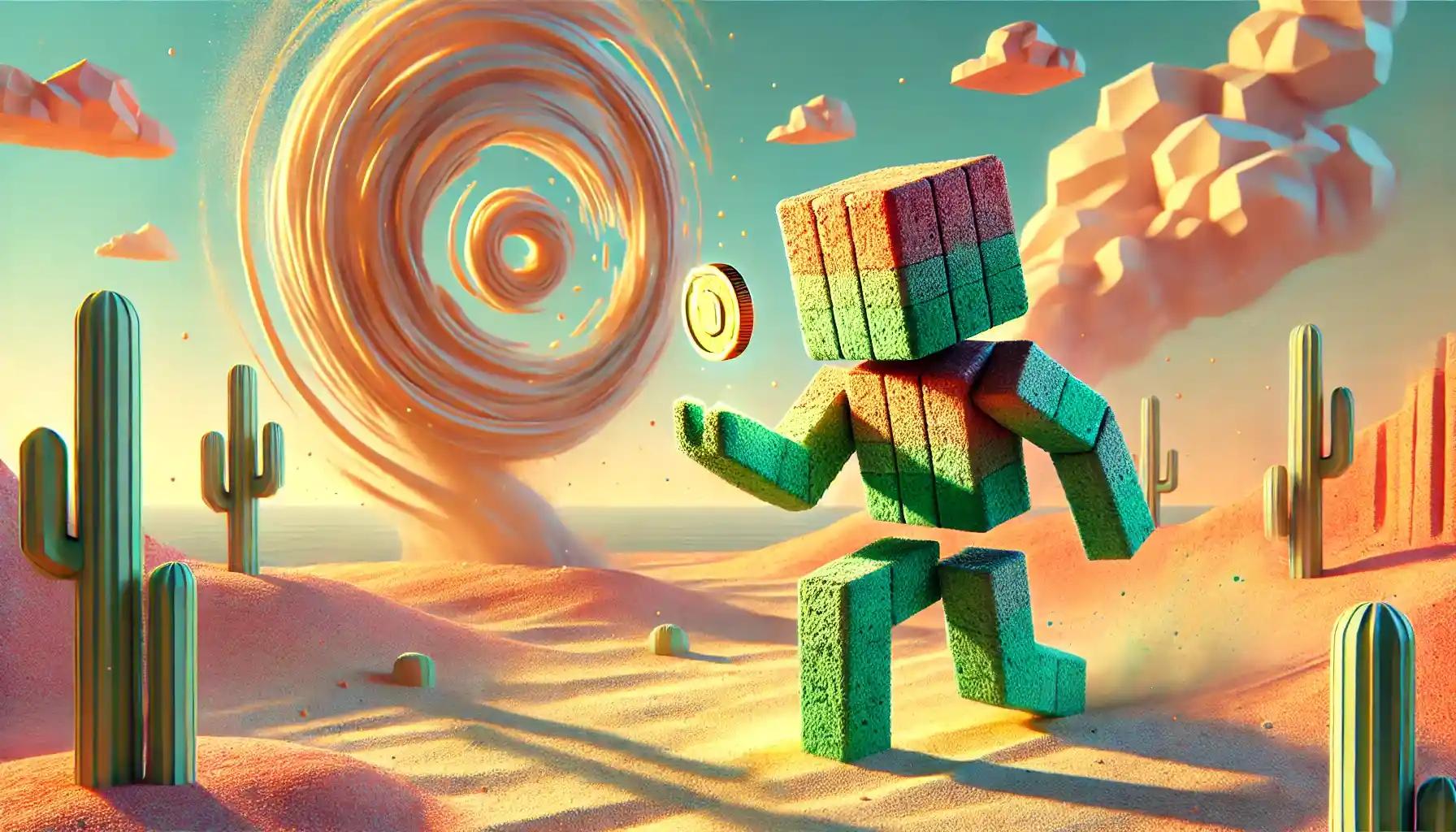 Robot throws coin in pastel desert vortex, bold movement