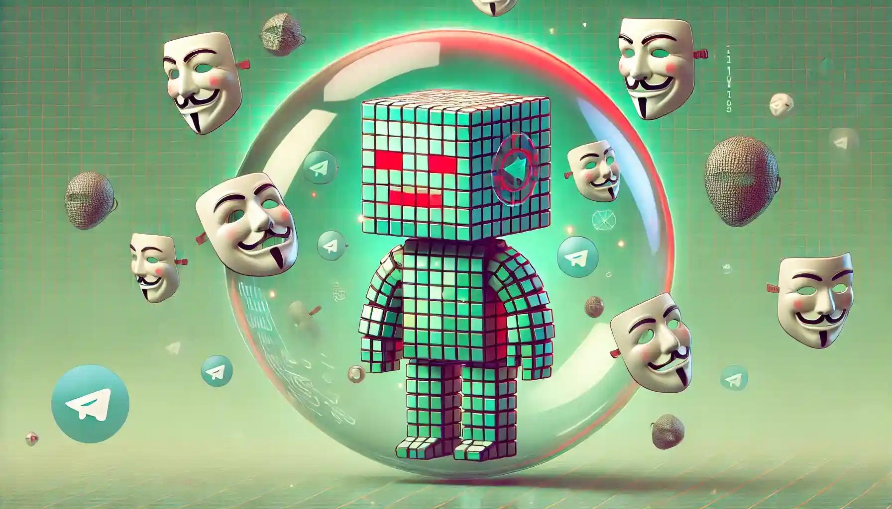 Robot trapped in Telegram bubble, floating criminal masks, retro-futurist