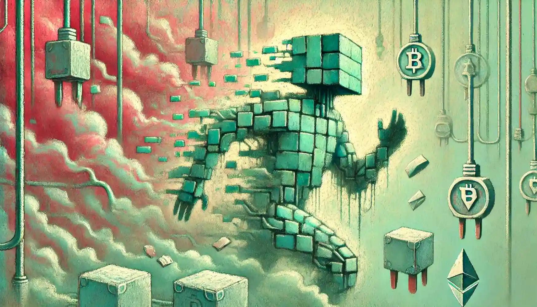 Robot unplugs DeFi vault wires in surreal crypto price index