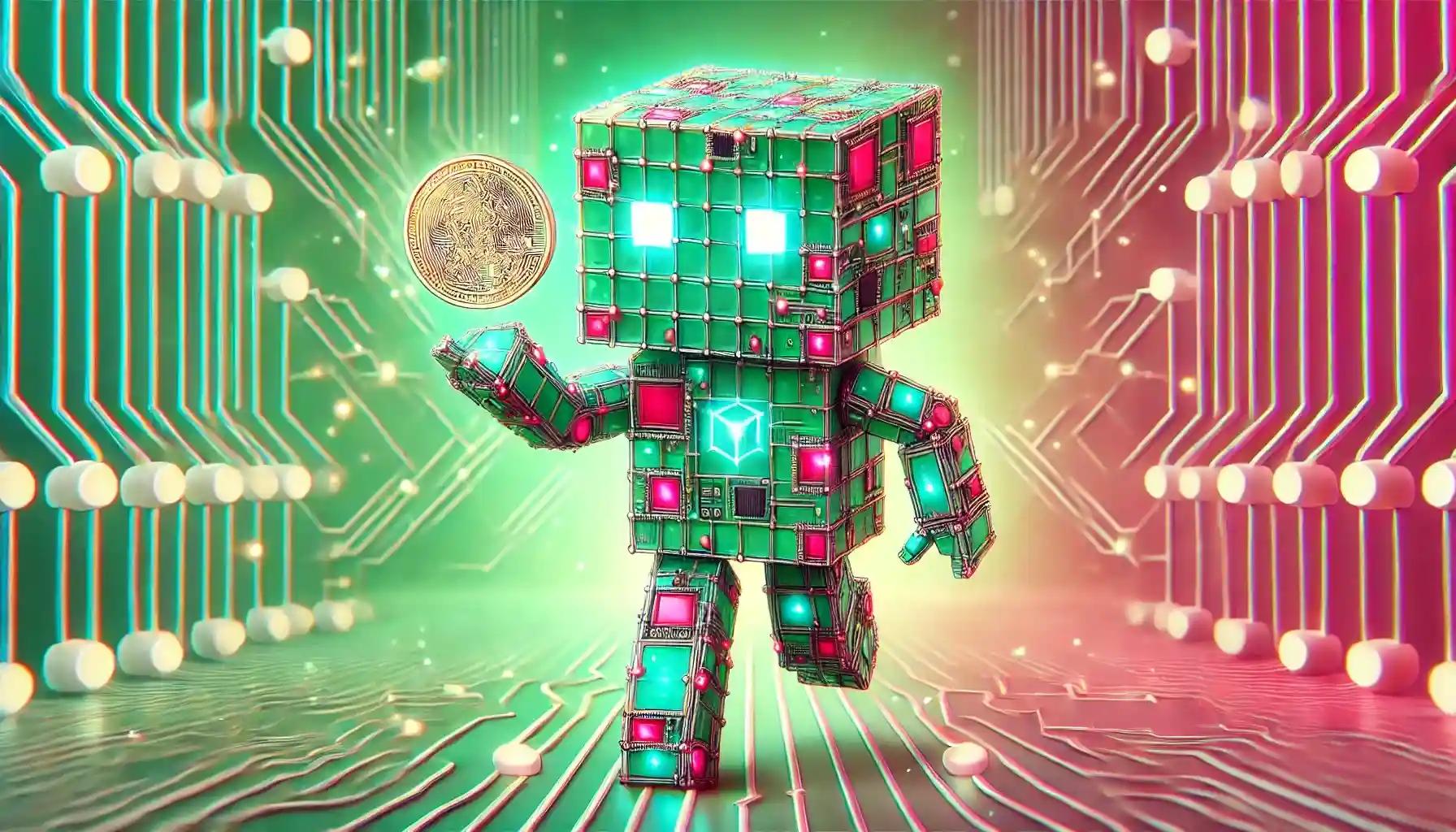 Robot walking blockchain network with glowing stablecoin token