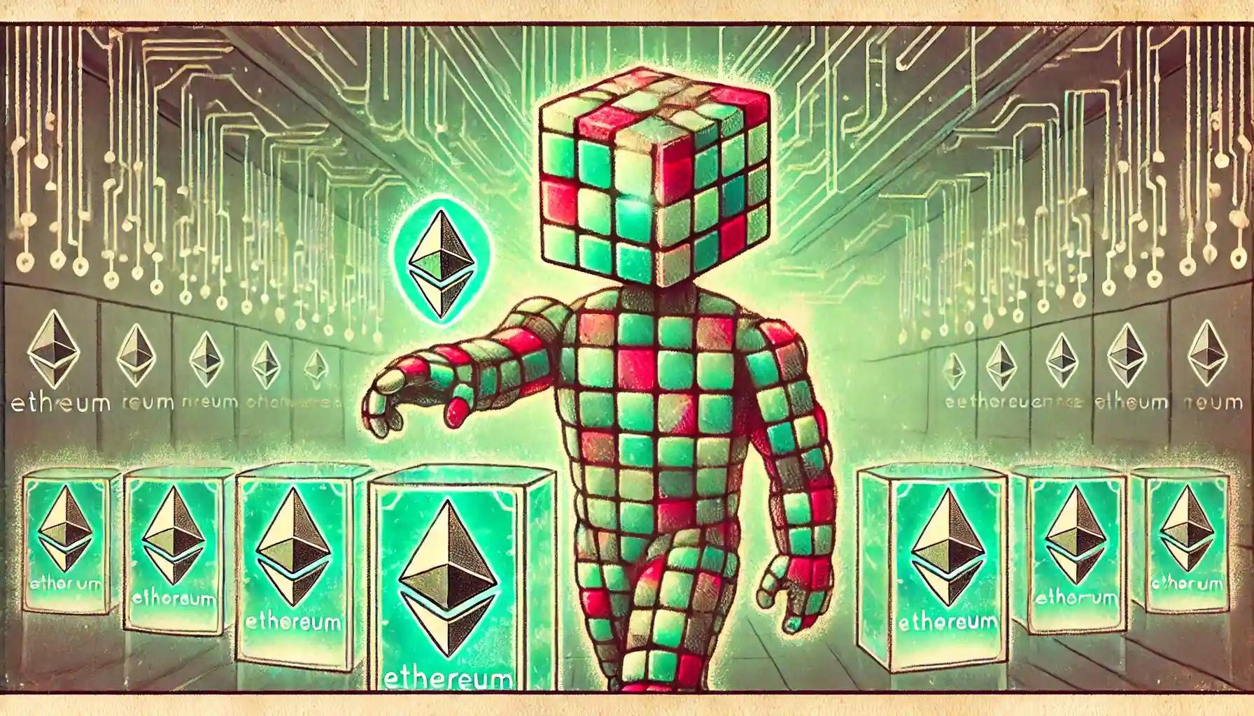 Robot walking through digital corridor with glowing tokens