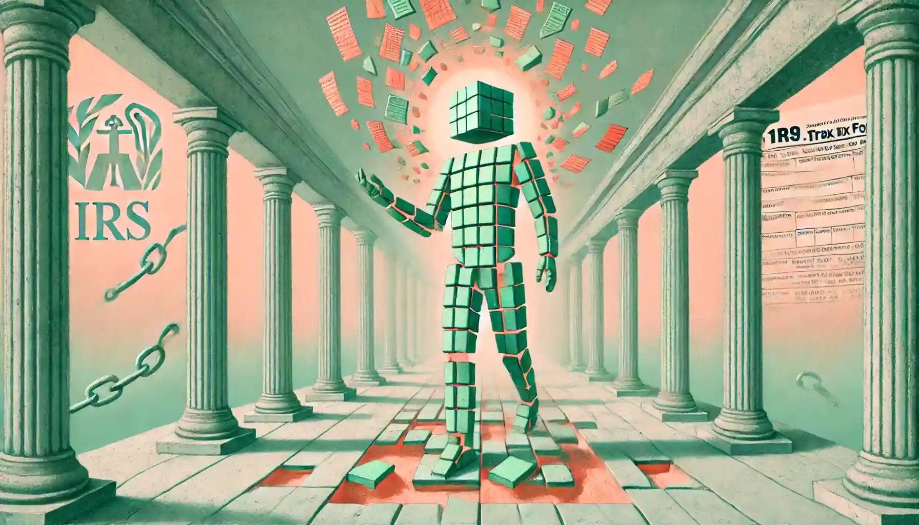 Robot walks over shattered IRS forms in pastel marble court