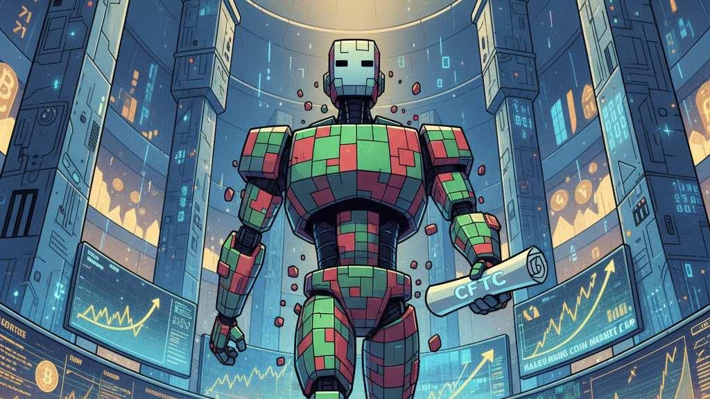 Robot walks through data hall holding CFTC contract, projecting regulation trust