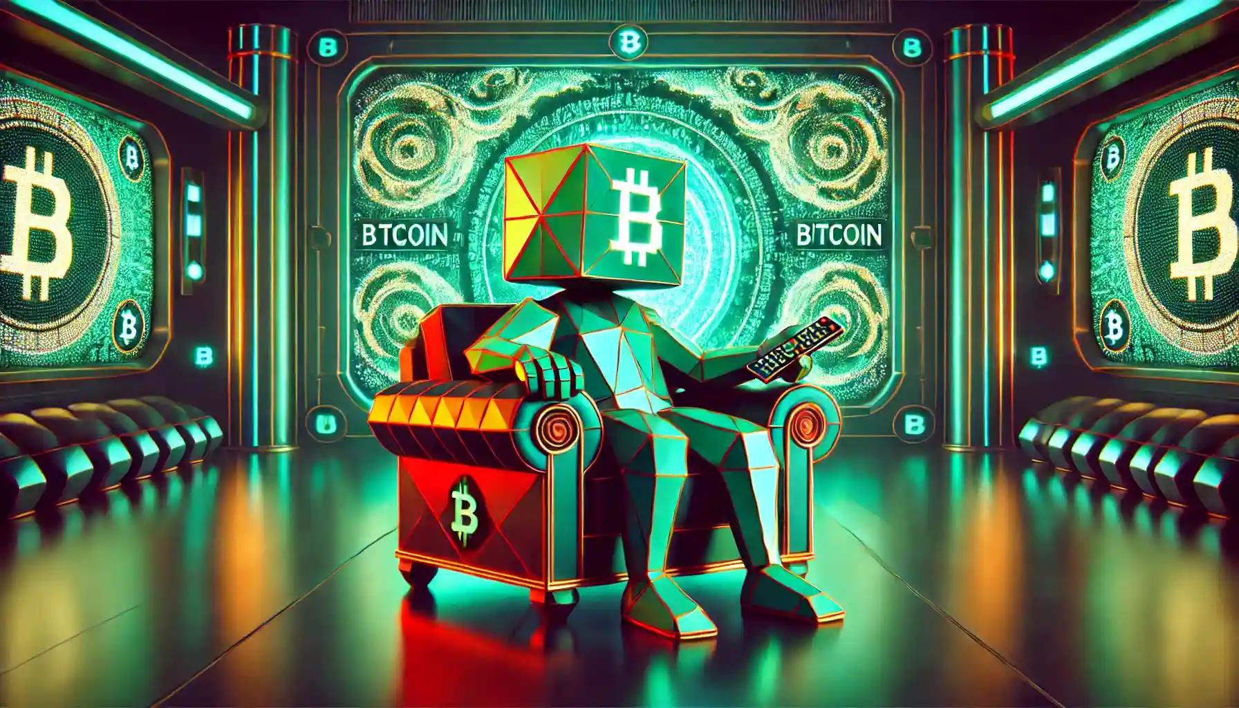 Robot watching encrypted symbols on holographic TV in dramatic ambiance