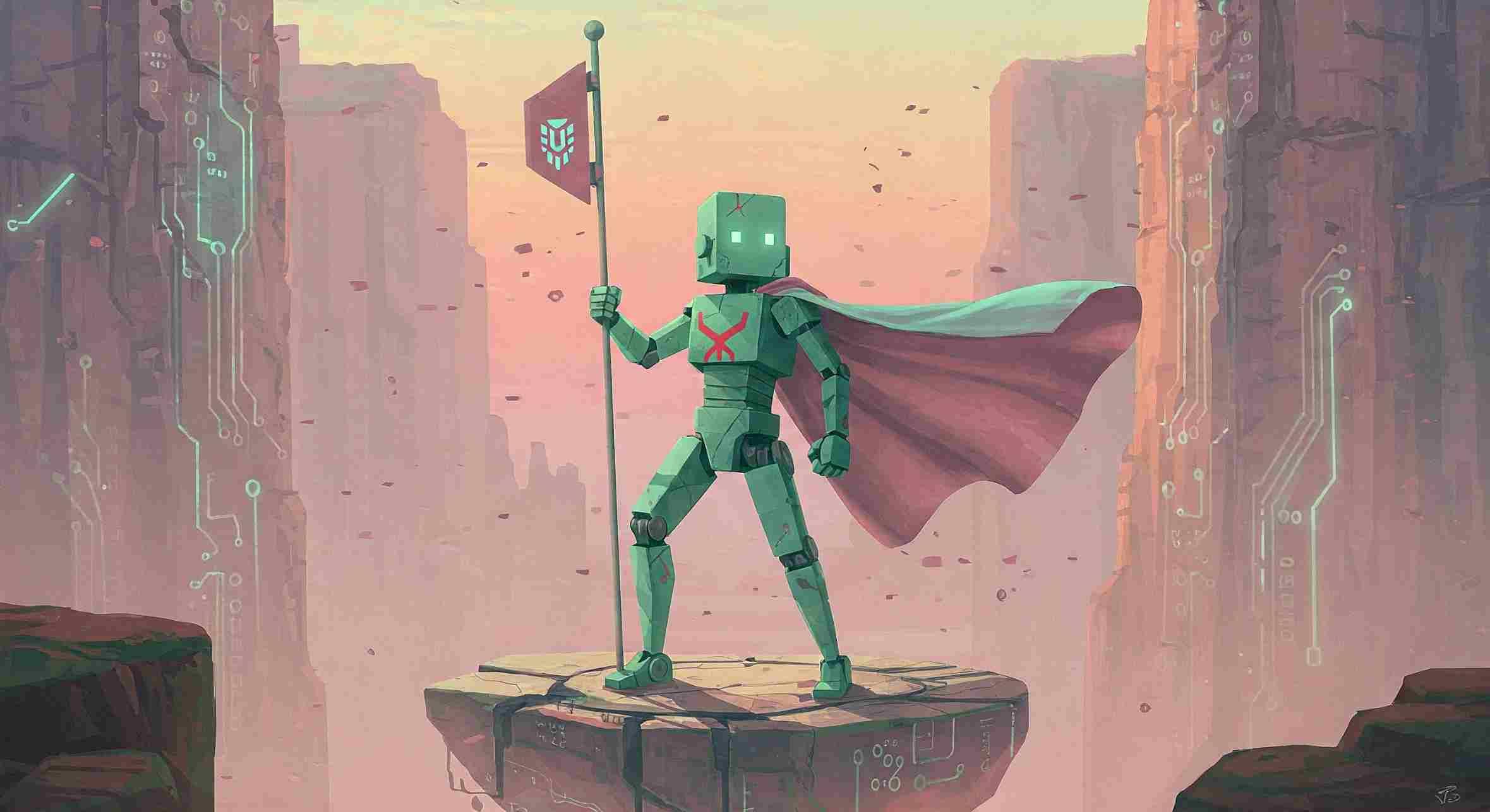 Robot waves Bitcoin flag on digital canyon platform