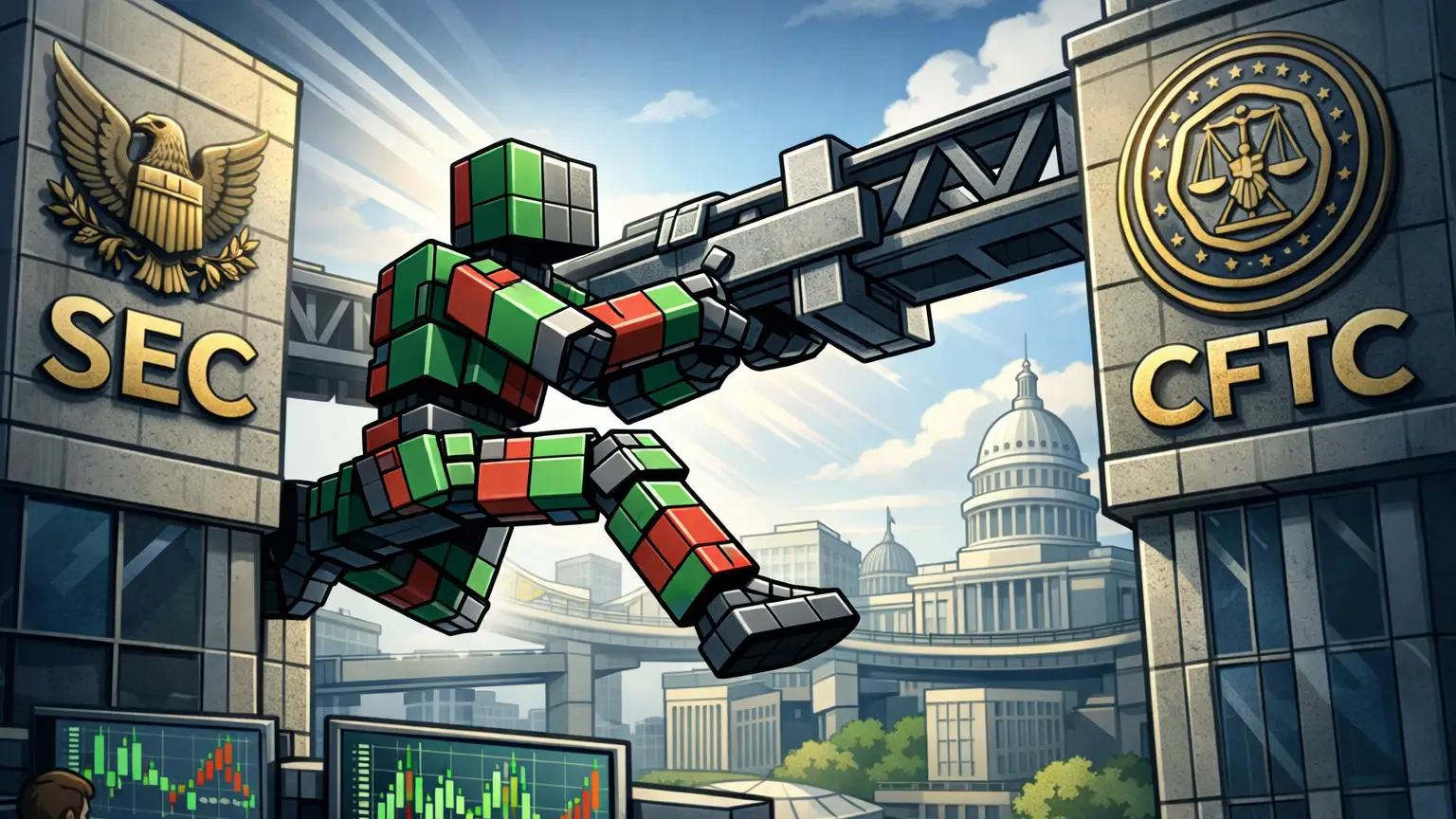 SEC CFTC regulatory bridge installation robot vaulting across oversight towers.