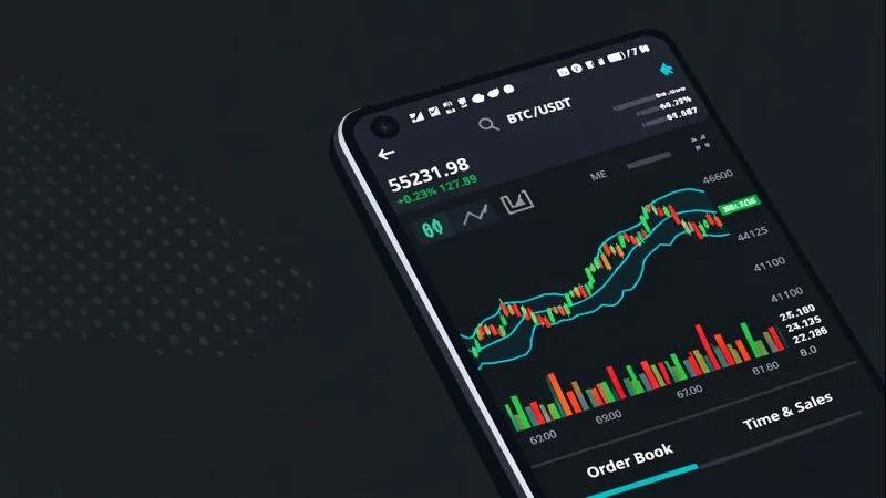Smartphone displaying Bitcoin price chart on dark background