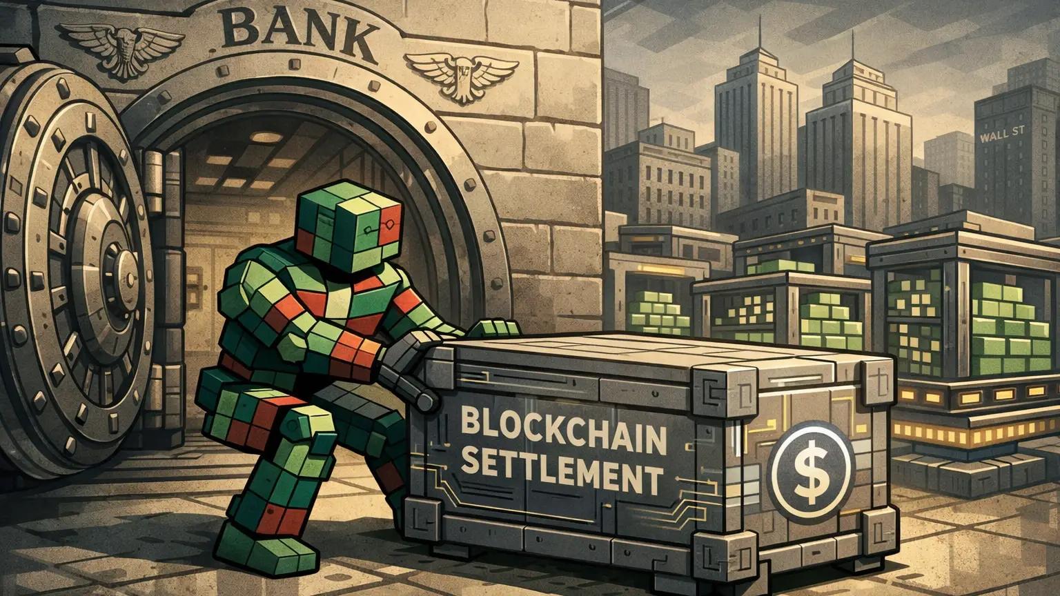 Stablecoin regulation conflict visualized as robot extracts crypto infrastructure from banks