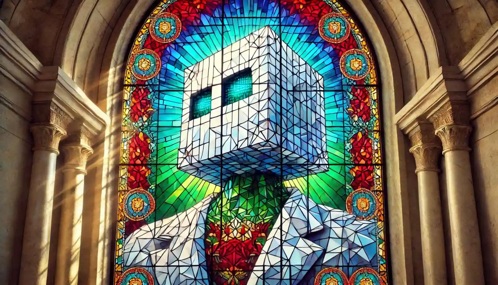 Stained glass robot immortalized in a grand digital NFT cathedral