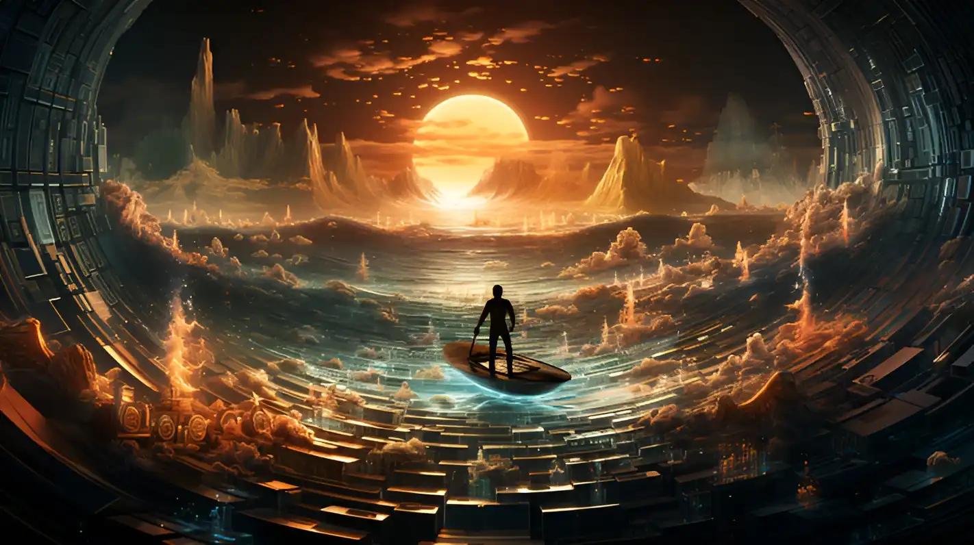 Surfing robot riding a code wave, showcasing automated trading as a way to answer can you actually make money from crypto