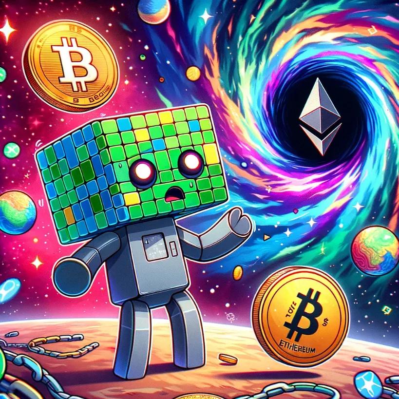 Surprised robot with mosaic design loses bitcoin into wormhole, depicting Orbit Chain hack