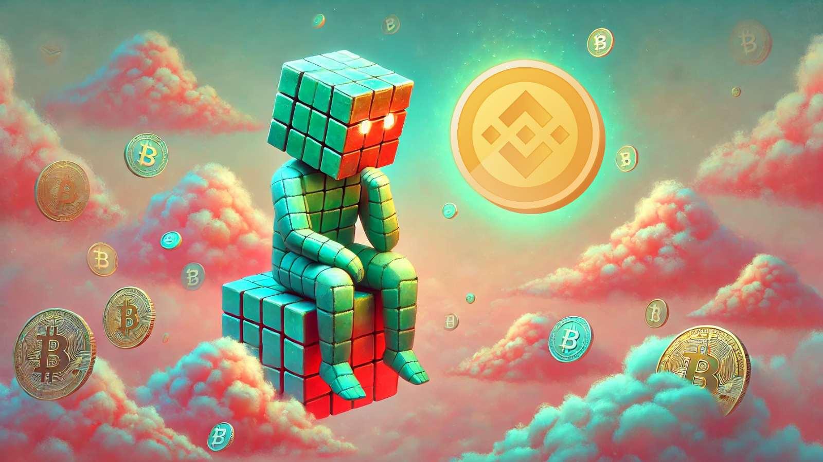 Surreal robot floating on Bitcoin, staring at glowing EURI