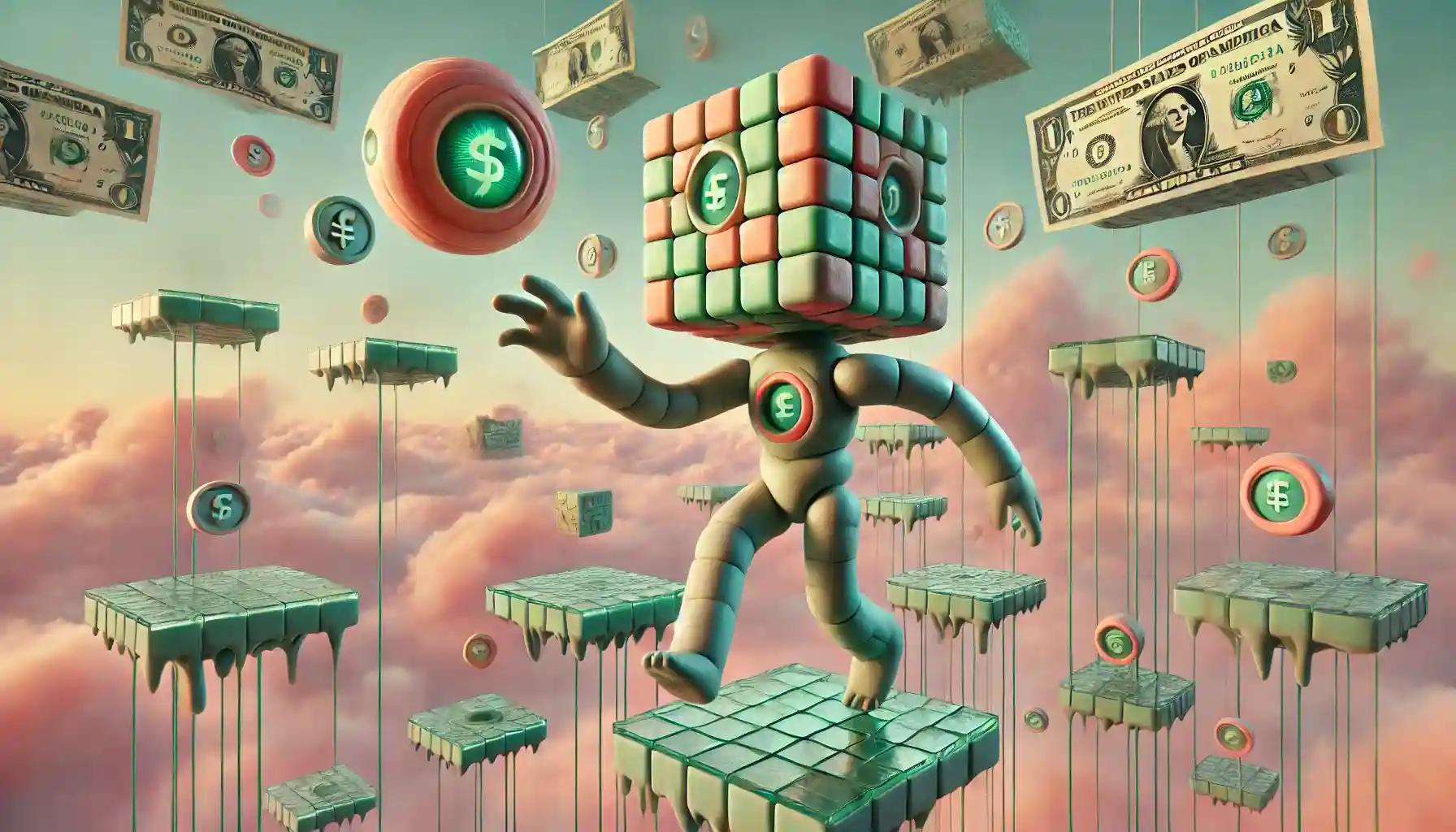 Surrealist claymation robot floating over a dreamlike financial city