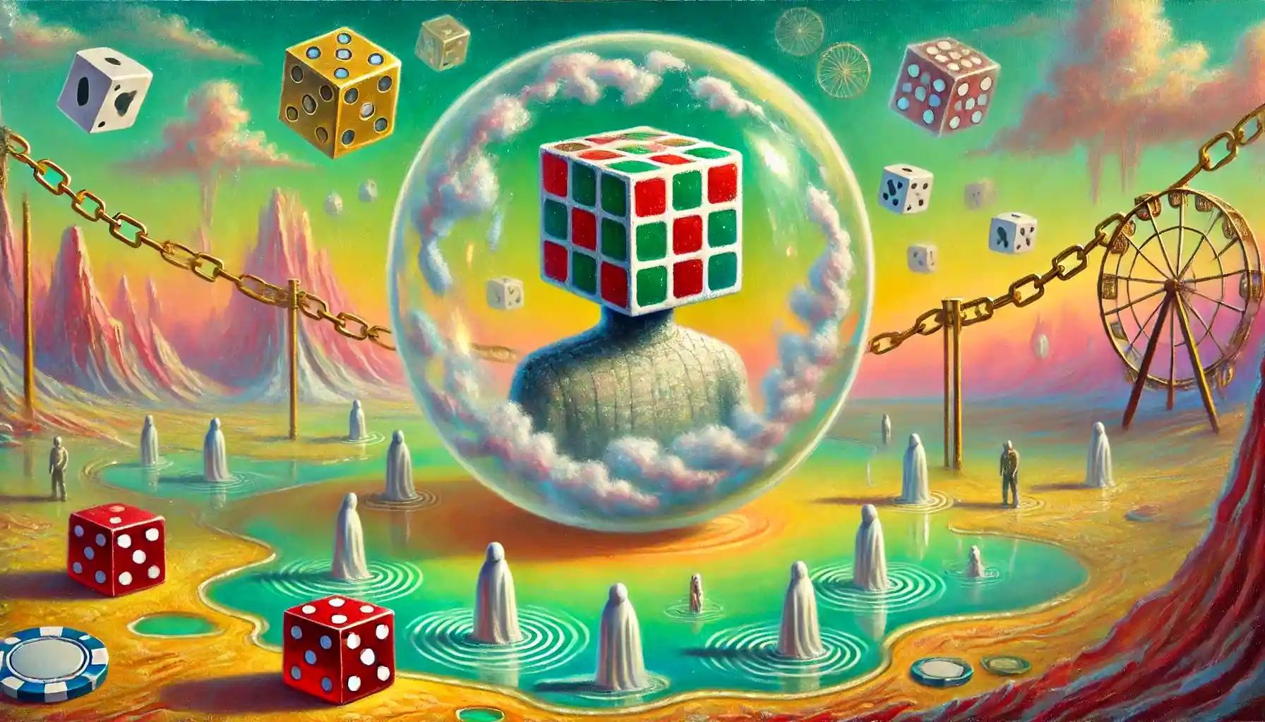 Surrealist robot in a floating bubble protecting casino security