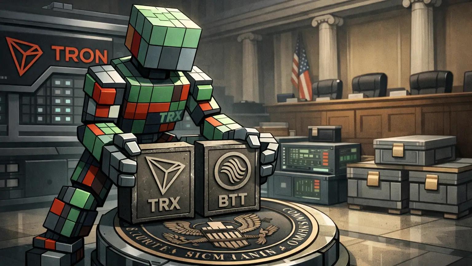 TRX BTT tokens inspected during SEC crypto enforcement settlement scene.