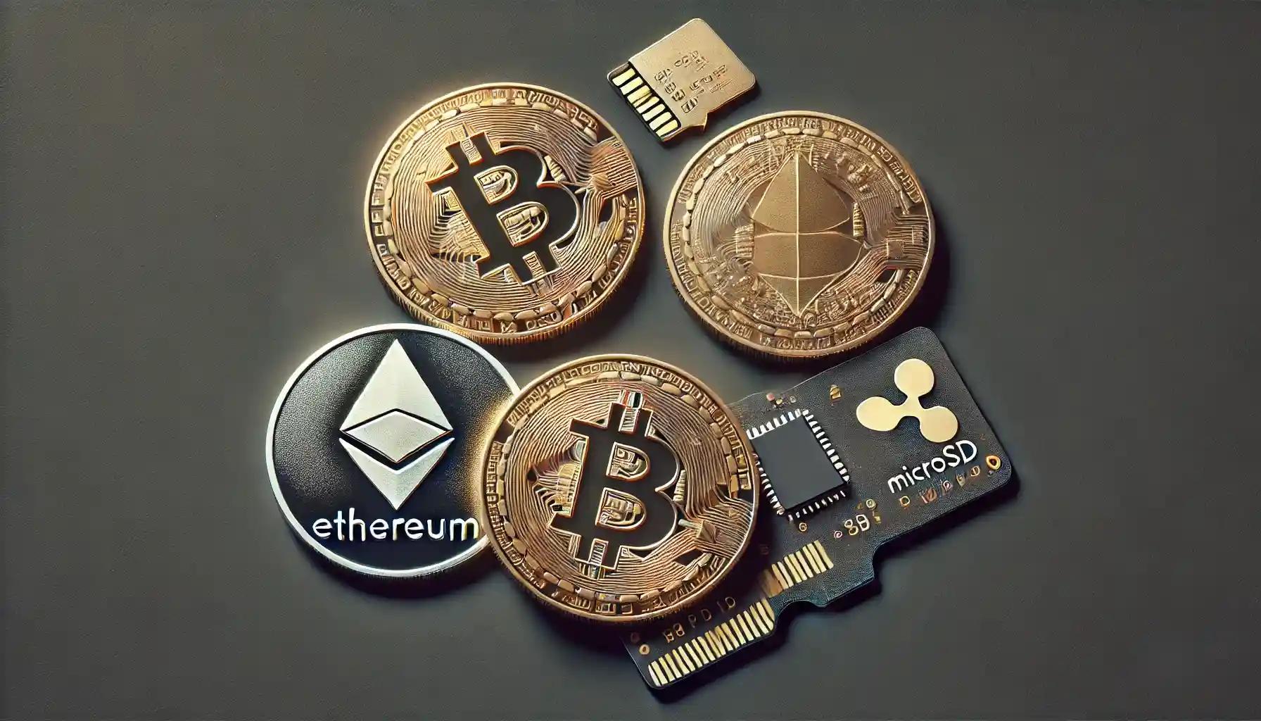 Three cryptocurrency coins and microSD card on dark artistic background