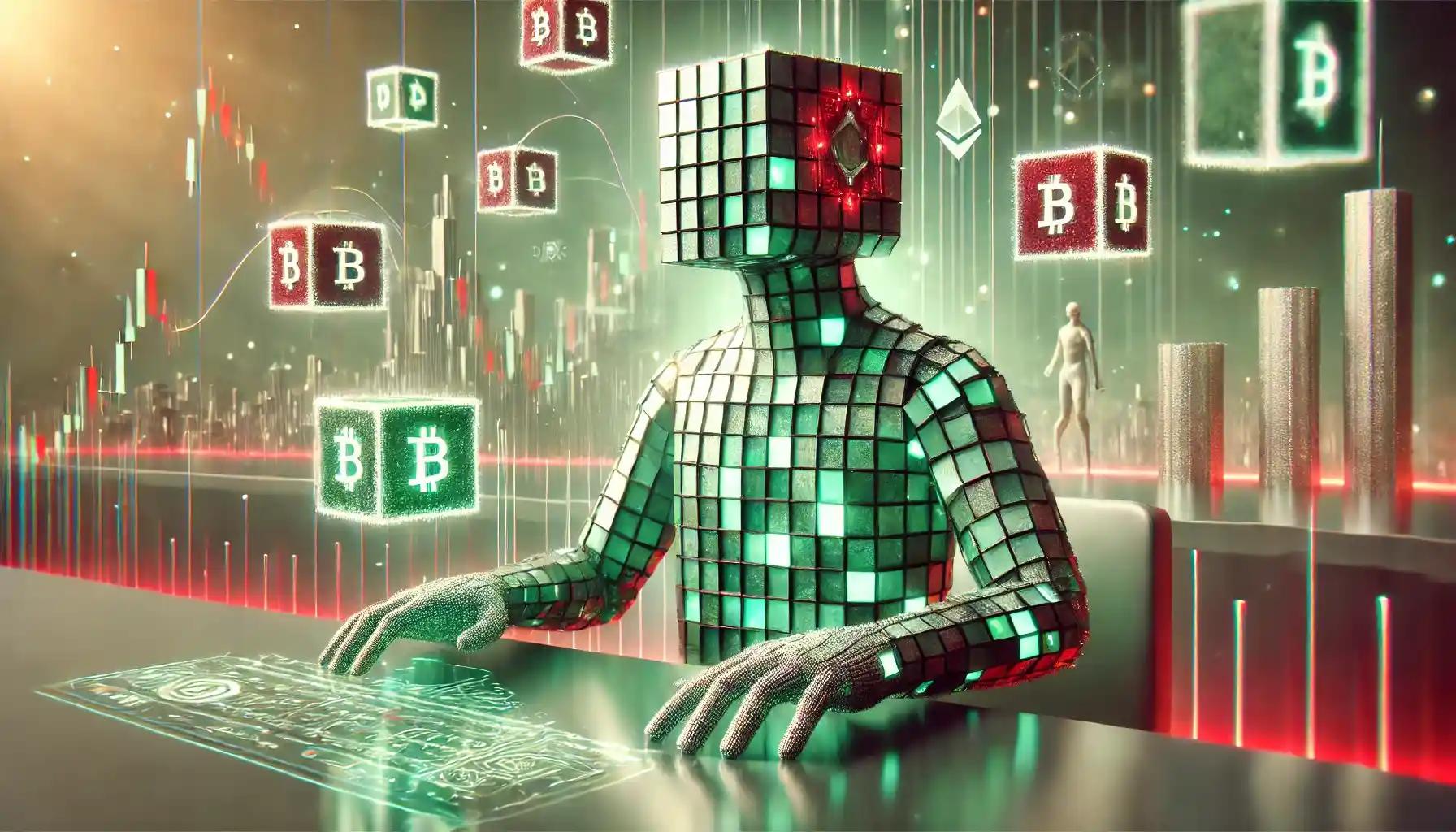 Tokenized debt trading, robot at futuristic holographic blockchain terminal