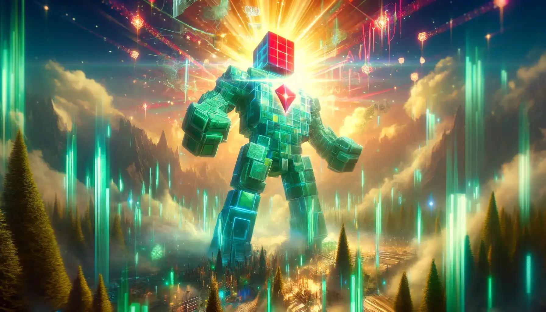 Triumphant mosaic robot embodying meme coin trading frenzy impact