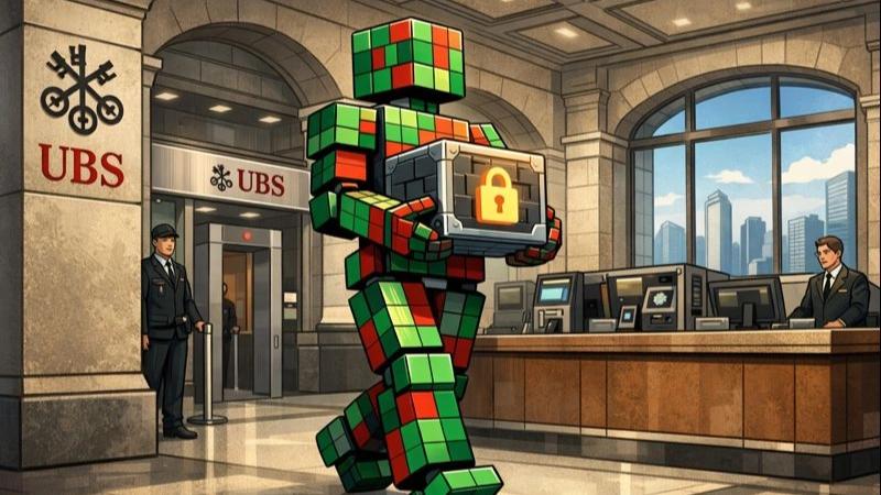 UBS crypto expansion illustrated inside private banking infrastructure with robot
